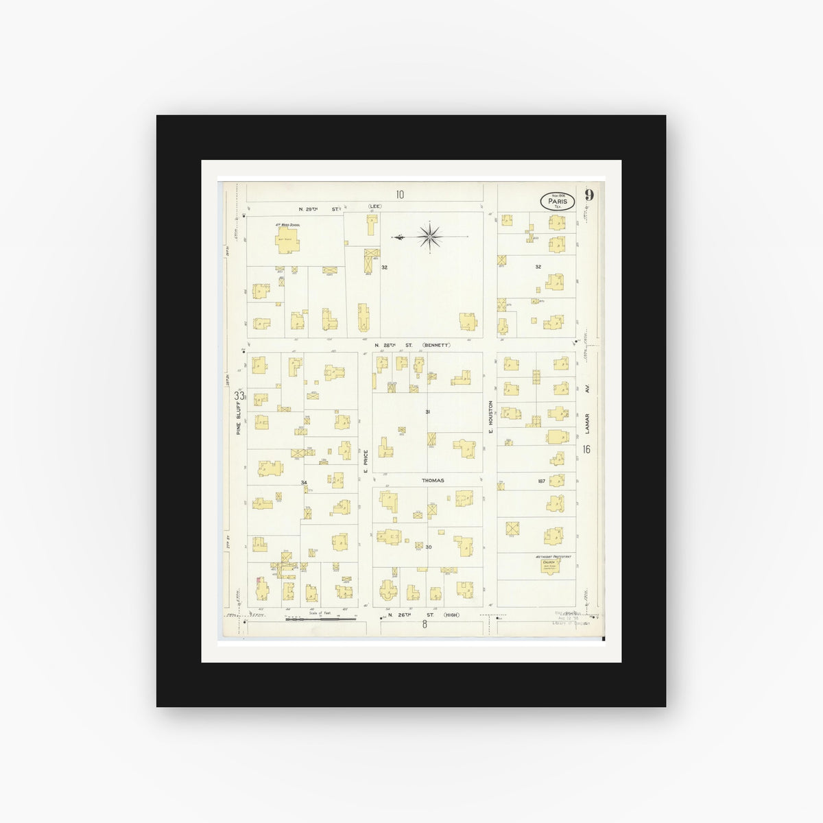 Old map wall art mockup — black gallery frame with white mat — Sanborn Fire Insurance Map from Paris, Lamar County, Texas (1908), Sheet #0009