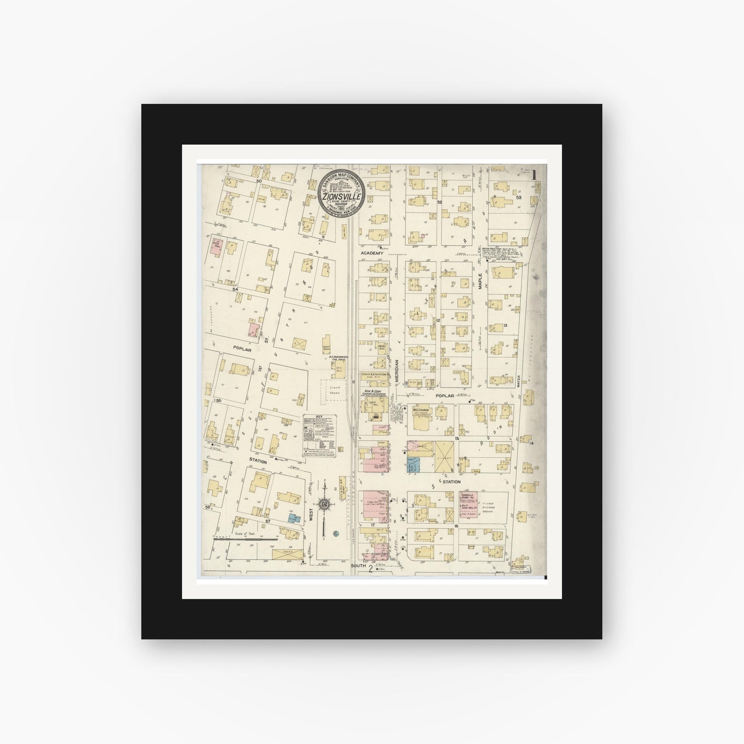 Old map wall art mockup — black gallery frame with white mat — Sanborn Fire Insurance Map from Zionsville, Boone County, Indiana (1910) - Complete Map Set