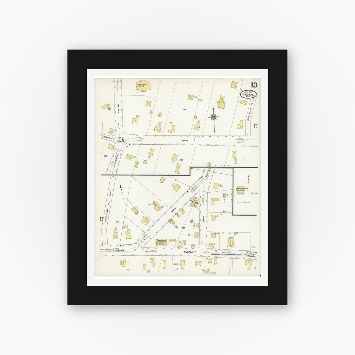 Old map wall art mockup — black gallery frame with white mat — Sanborn Fire Insurance Map from Hingham, Plymouth County, Massachusetts (1911), Sheet #0013