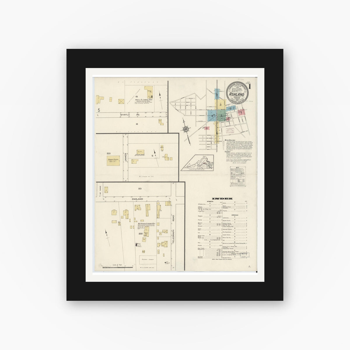 Old map wall art mockup — black gallery frame with white mat — Sanborn Fire Insurance Map from Ashland, Hanover County, Virginia (1913) - Complete Map Set