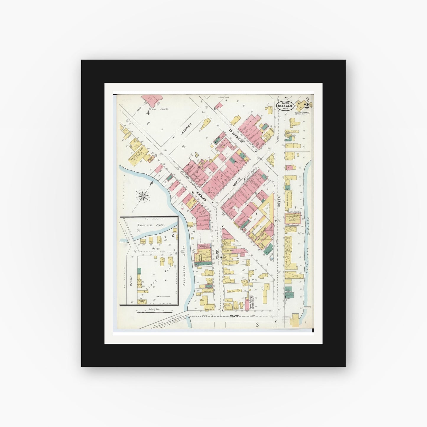 Old map wall art mockup — black gallery frame with white mat — Sanborn Fire Insurance Map from Allegan, Allegan County, Michigan (1899), Sheet #0002
