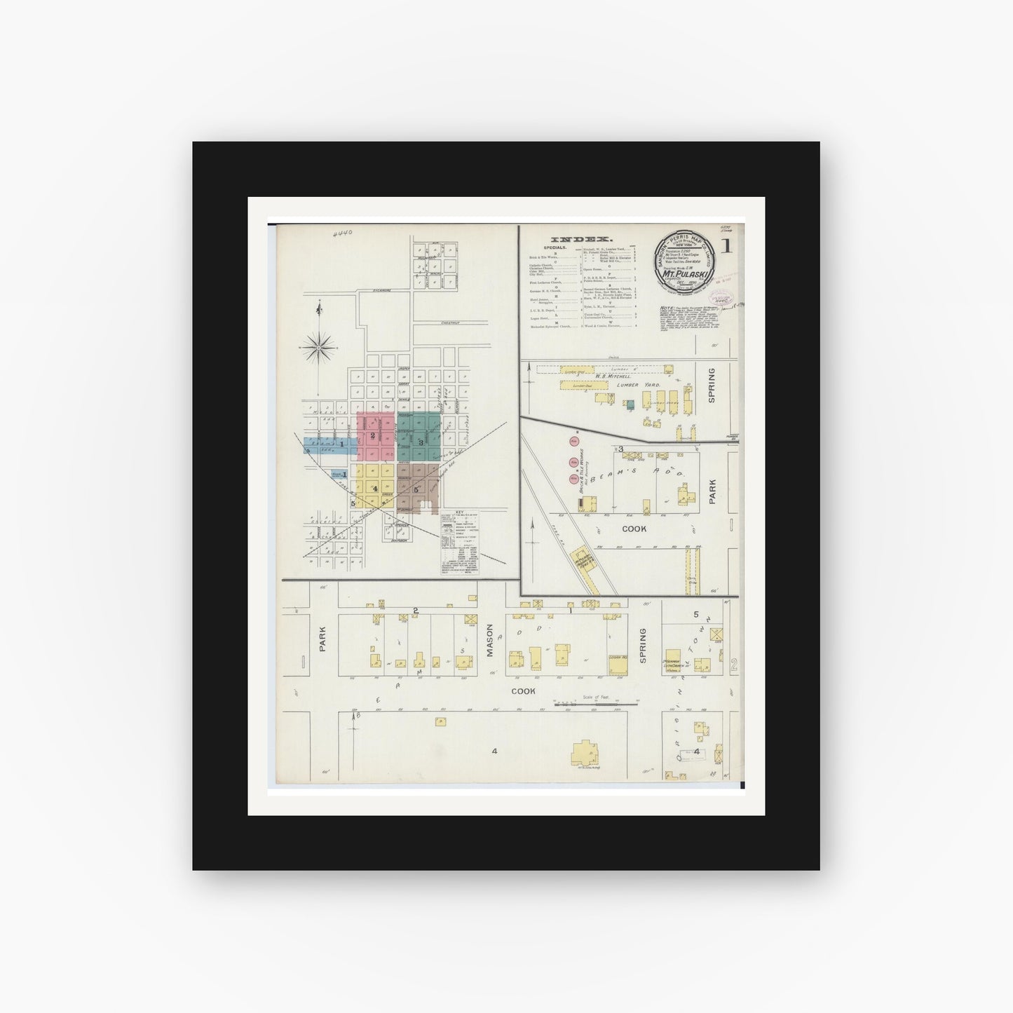 Old map wall art mockup — black gallery frame with white mat — Sanborn Fire Insurance Map from Mount Pulaski, Logan County, Illinois (1893) - Complete Map Set