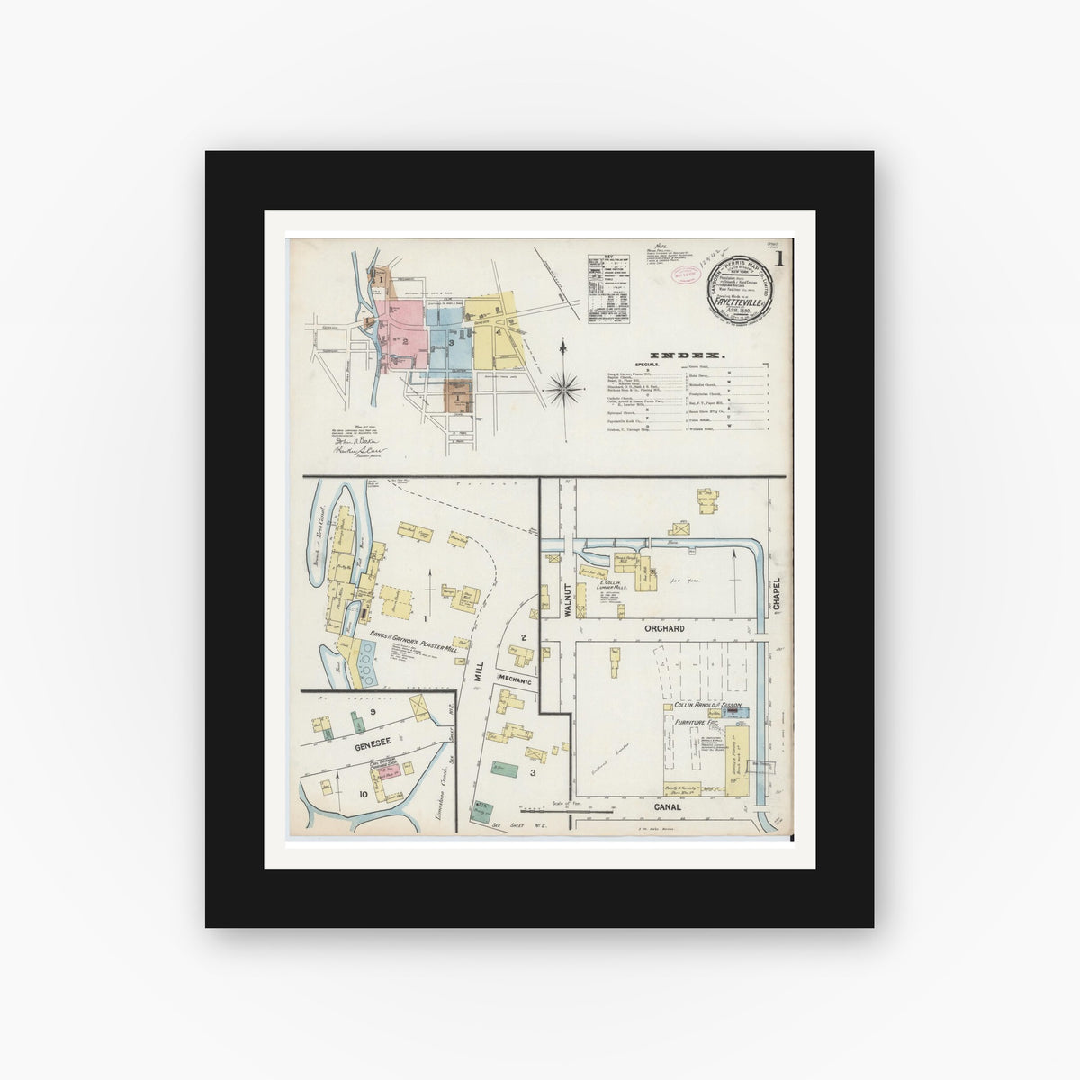 Old map wall art mockup — black gallery frame with white mat — Sanborn Fire Insurance Map from Fayetteville, Onondaga County, New York (1890) - Complete Map Set