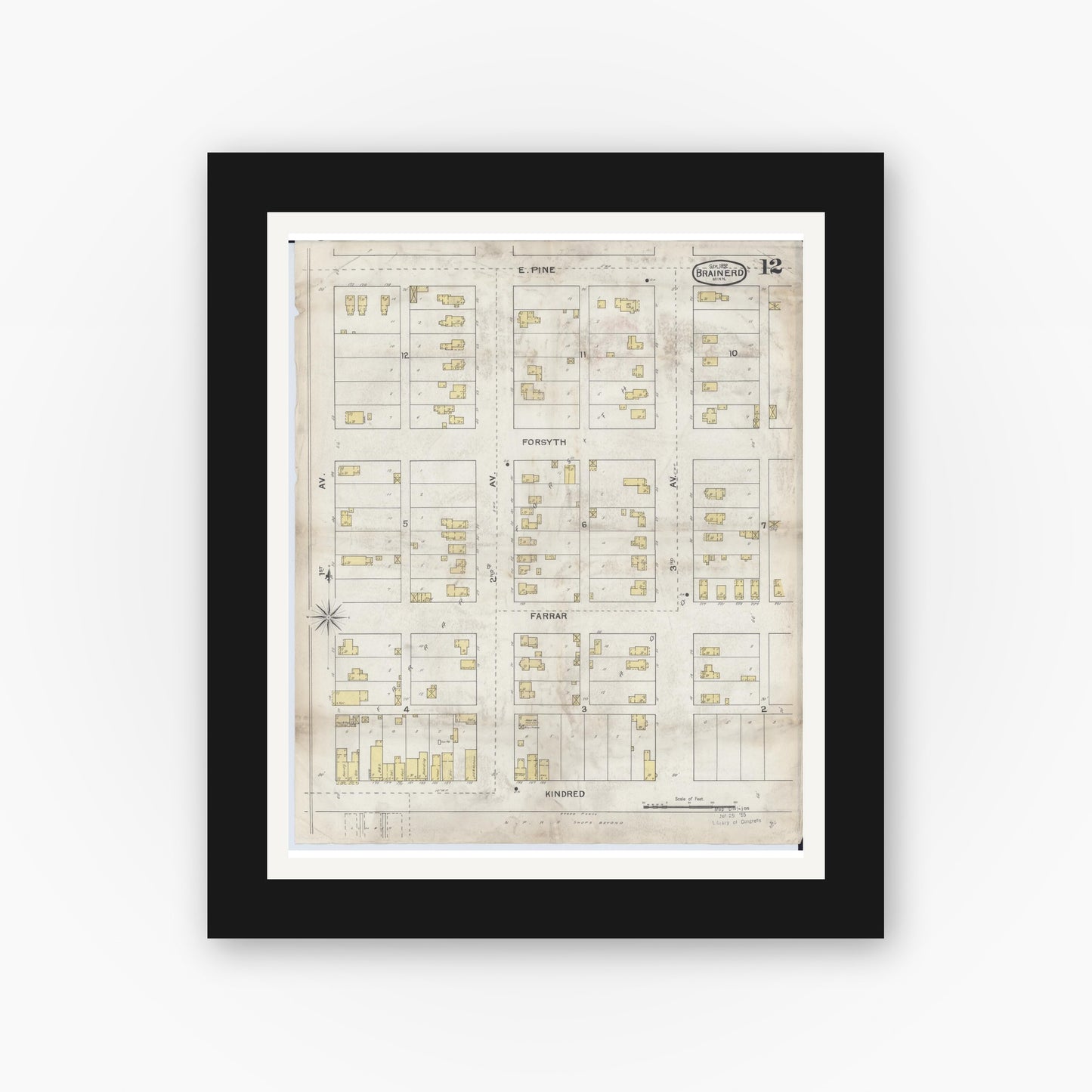 Old map wall art mockup — black gallery frame with white mat — Sanborn Fire Insurance Map from Brainerd, Crow Wing County, Minnesota (1892), Sheet #0012