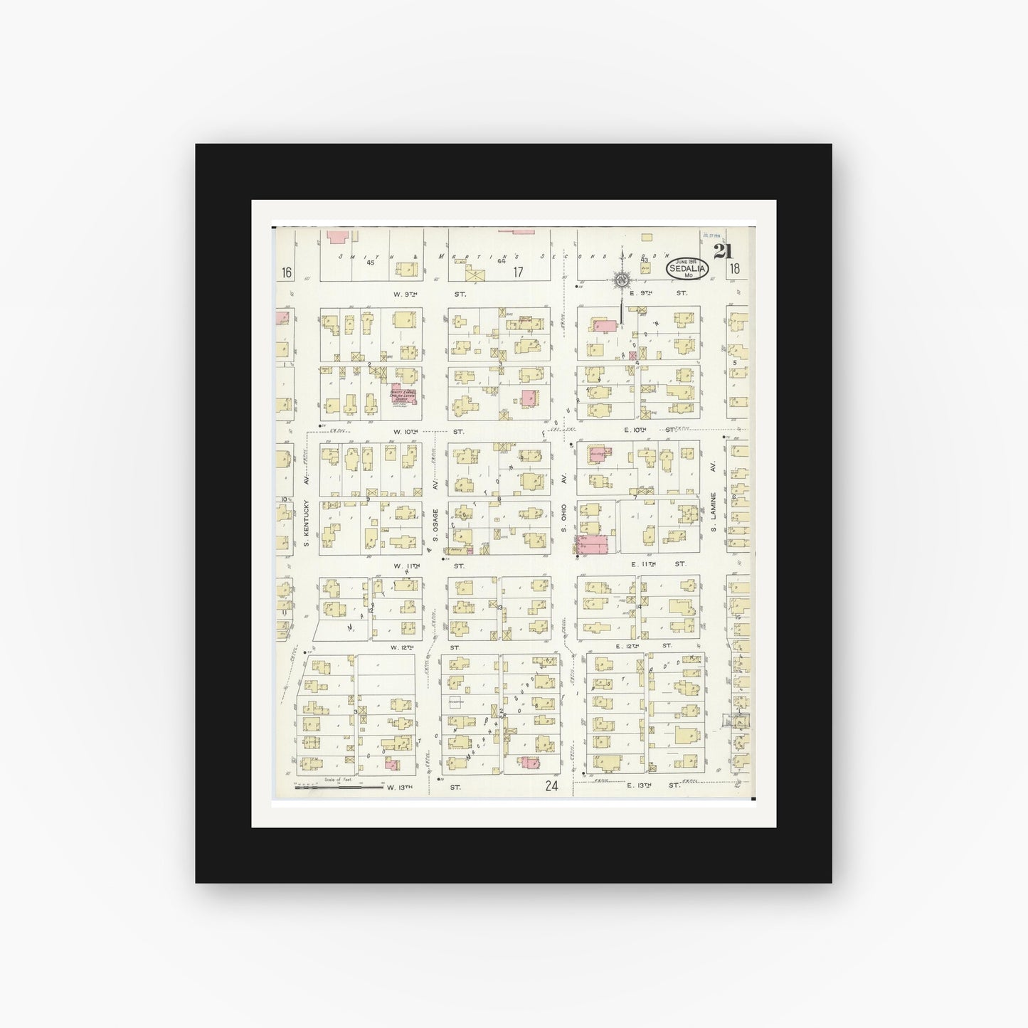 Old map wall art mockup — black gallery frame with white mat — Sanborn Fire Insurance Map from Sedalia, Pettis County, Missouri (1914), Sheet #0021
