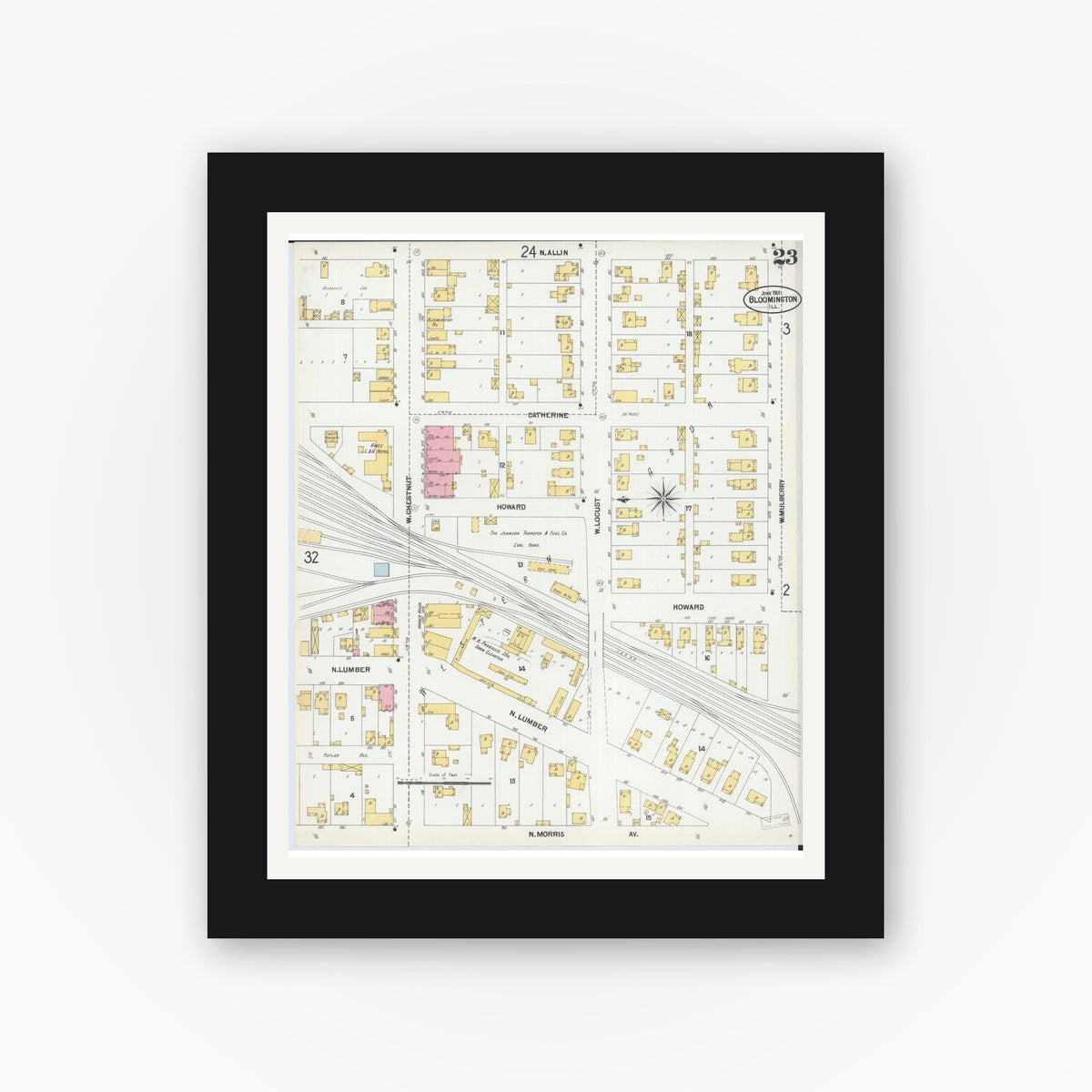 Old map wall art mockup — black gallery frame with white mat — Sanborn Fire Insurance Map from Bloomington, McLean County, Illinois (1901), Sheet #0023