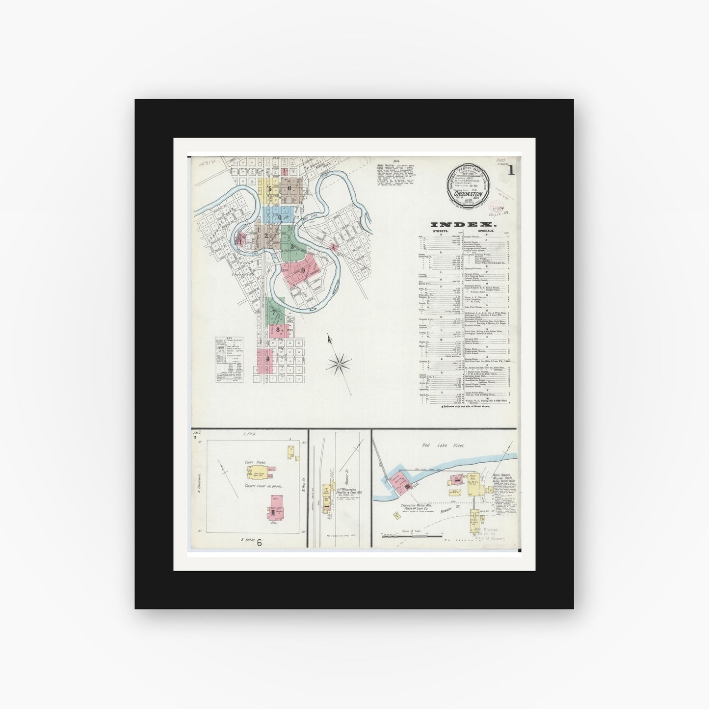 Old map wall art mockup — black gallery frame with white mat — Sanborn Fire Insurance Map from Crookston, Polk County, Minnesota (1896), Sheet #0001