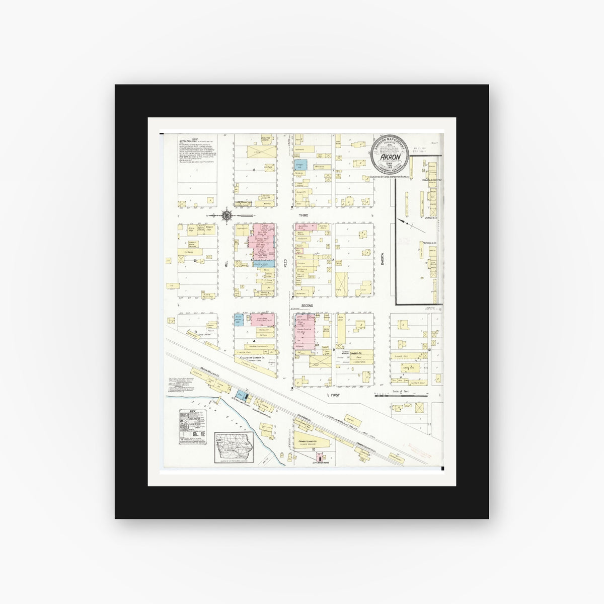 Old map wall art mockup — black gallery frame with white mat — Sanborn Fire Insurance Map from Akron, Plymouth County, Iowa (1913), Sheet #0001