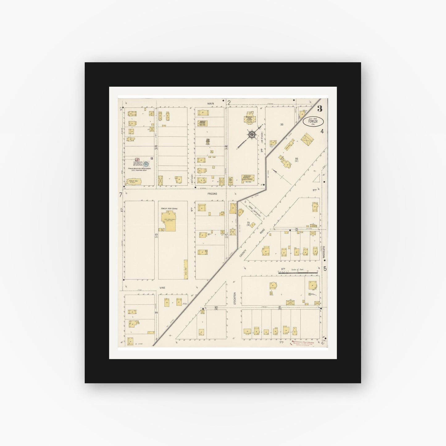 Old map wall art mockup — black gallery frame with white mat — Sanborn Fire Insurance Map from Fowler, Fresno County, California (1914), Sheet #0003