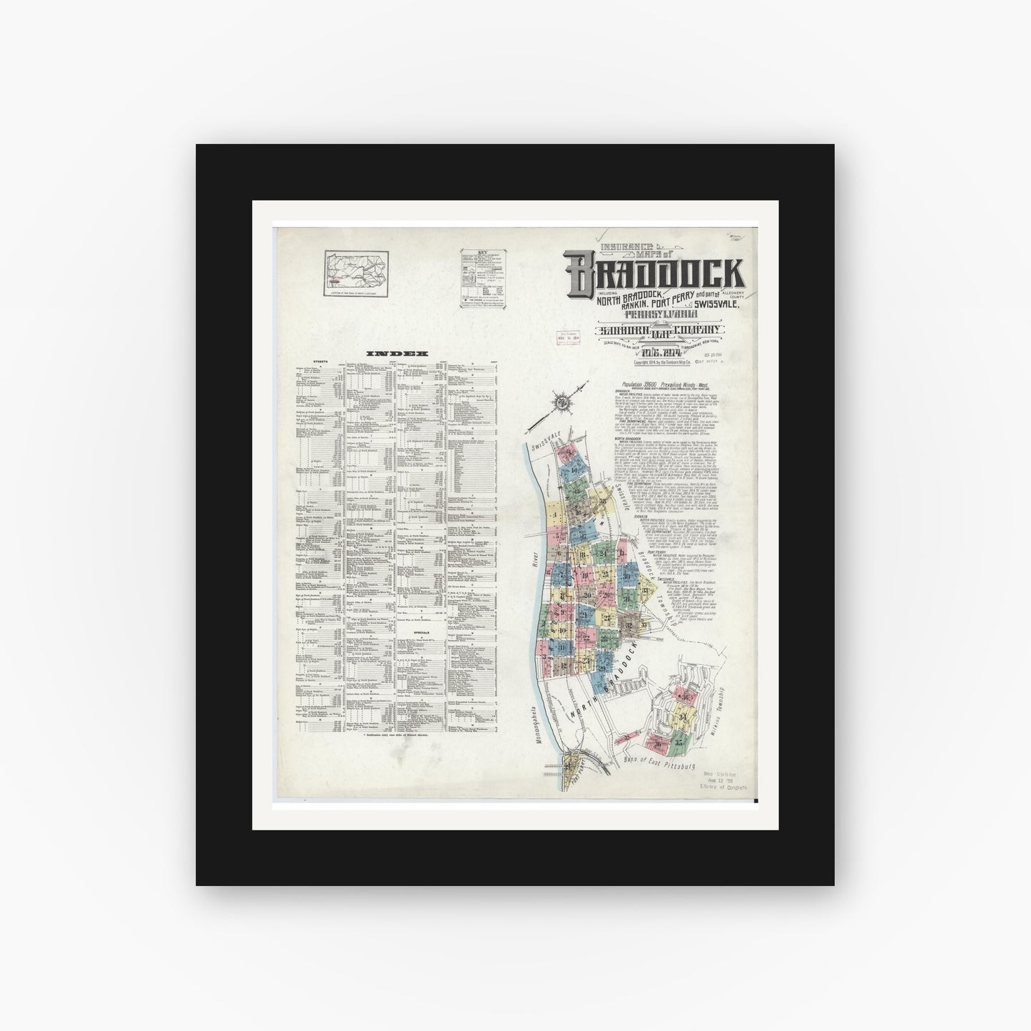 Old map wall art mockup — black gallery frame with white mat — Sanborn Fire Insurance Map from Braddock, Allegheny County, Pennsylvania (1914) - Complete Map Set
