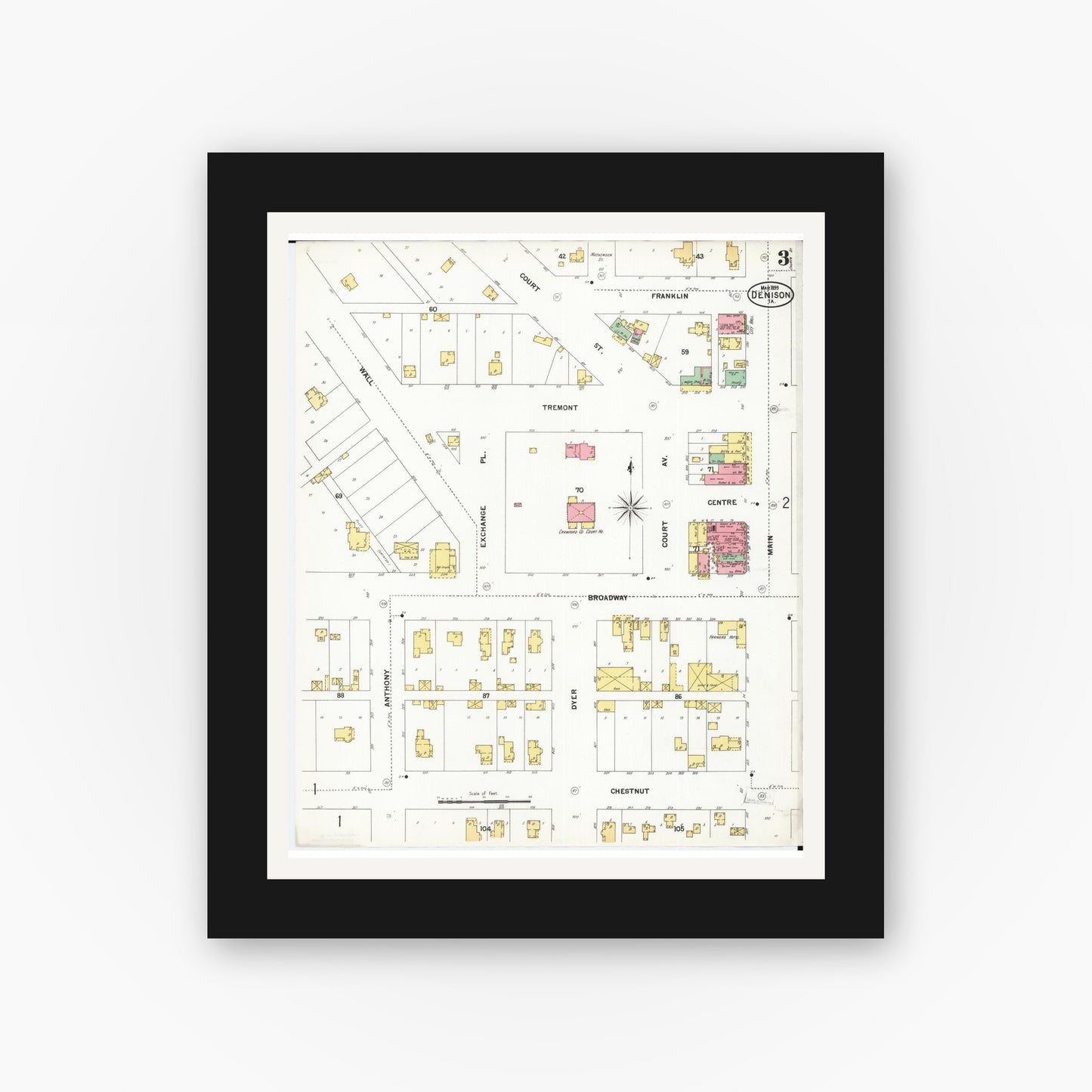 Old map wall art mockup — black gallery frame with white mat — Sanborn Fire Insurance Map from Denison, Crawford County, Iowa (1899), Sheet #0003