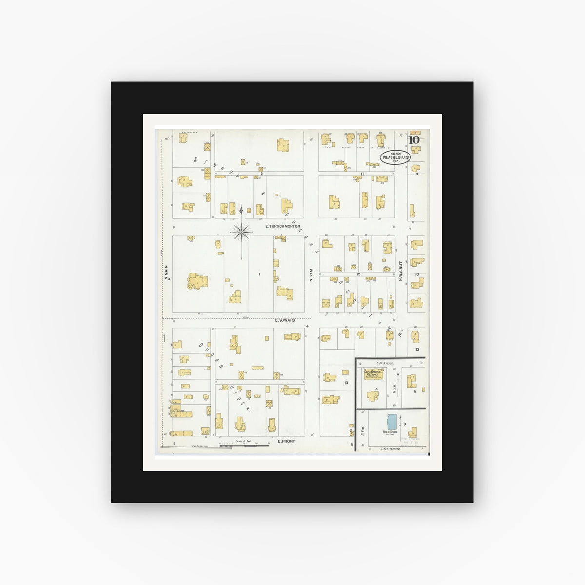 Old map wall art mockup — black gallery frame with white mat — Sanborn Fire Insurance Map from Weatherford, Parker County, Texas (1900), Sheet #0010