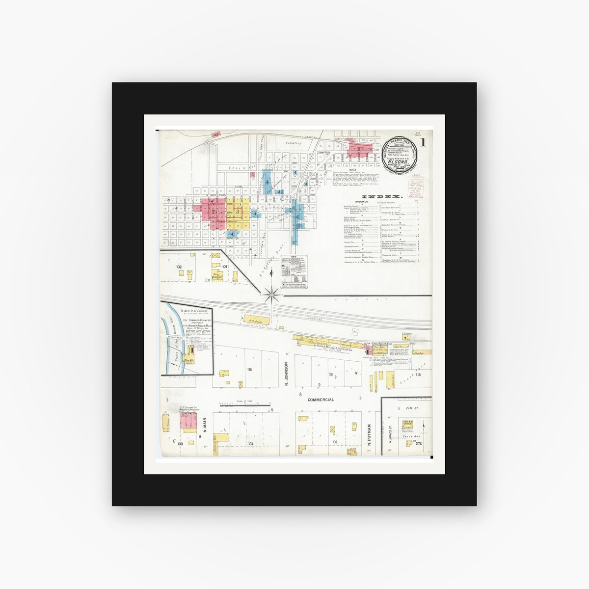 Old map wall art mockup — black gallery frame with white mat — Sanborn Fire Insurance Map from Algona, Kossuth County, Iowa (1900), Sheet #0001