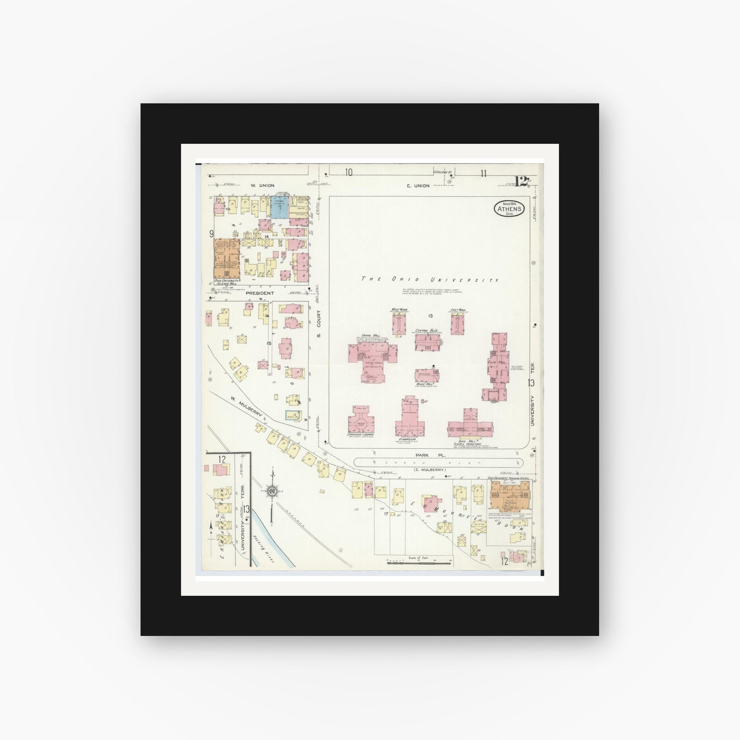 Old map wall art mockup — black gallery frame with white mat — Sanborn Fire Insurance Map from Athens, Athens County, Ohio (1914), Sheet #0012