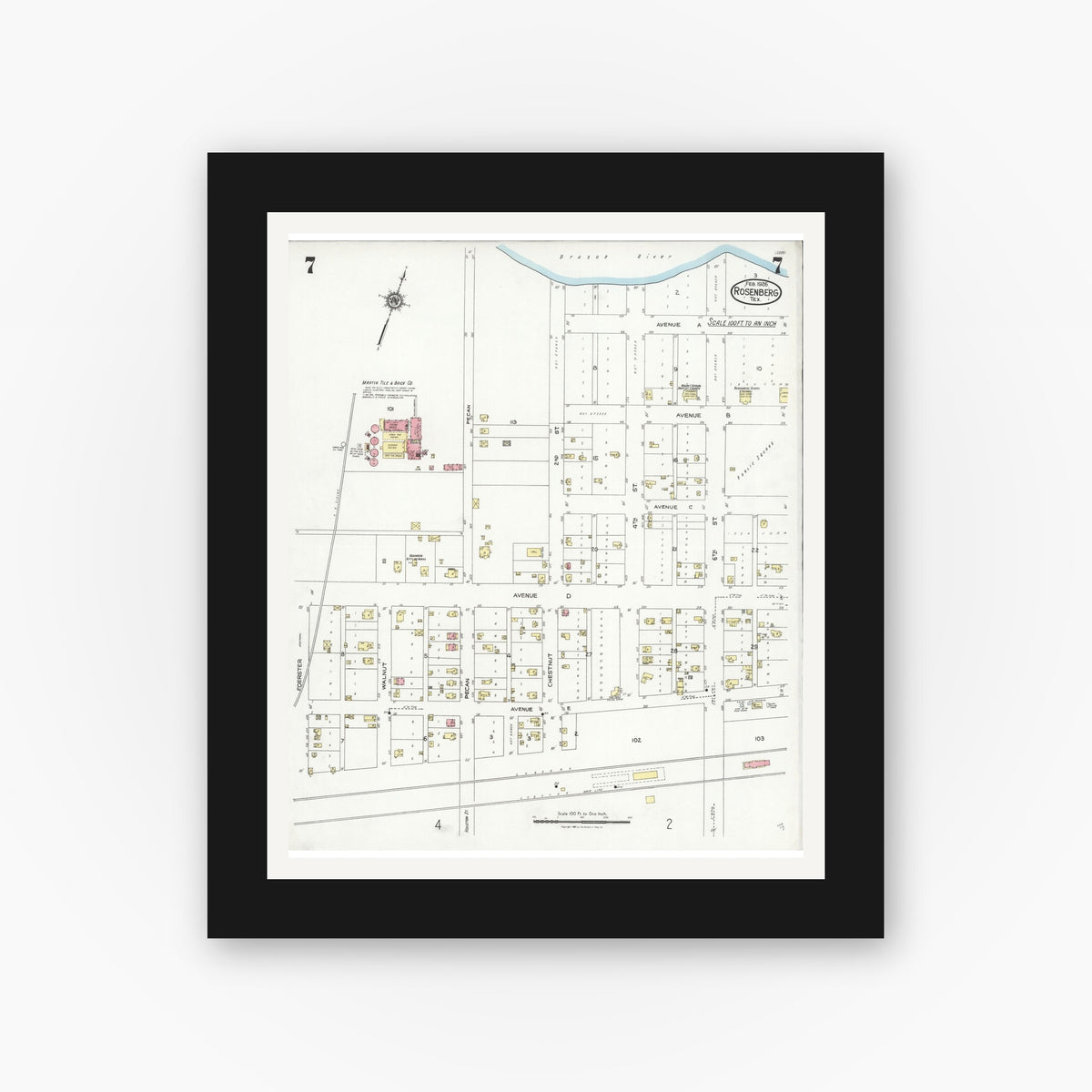 Old map wall art mockup — black gallery frame with white mat — Sanborn Fire Insurance Map from Rosenberg, Fort Bend County, Texas (1926), Sheet #0007