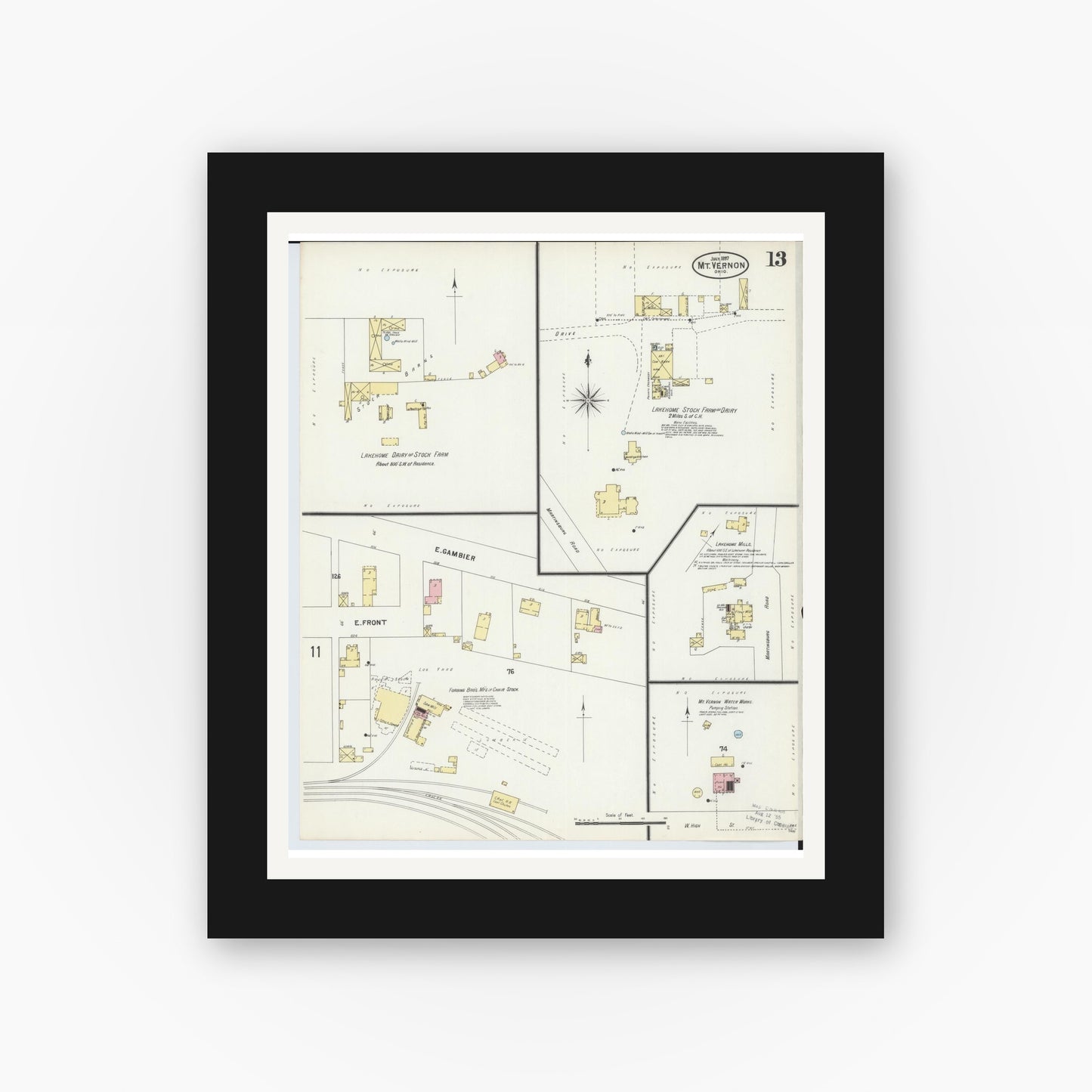 Old map wall art mockup — black gallery frame with white mat — Sanborn Fire Insurance Map from Mount Vernon, Knox County, Ohio (1897), Sheet #0013