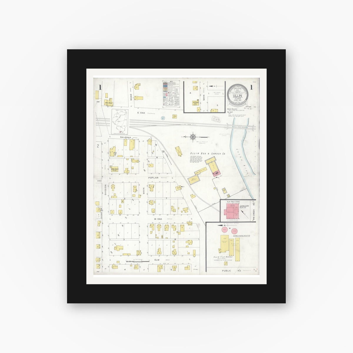 Old map wall art mockup — black gallery frame with white mat — Sanborn Fire Insurance Map from Ullin, Pulaski County, Illinois (1931), Sheet #0001
