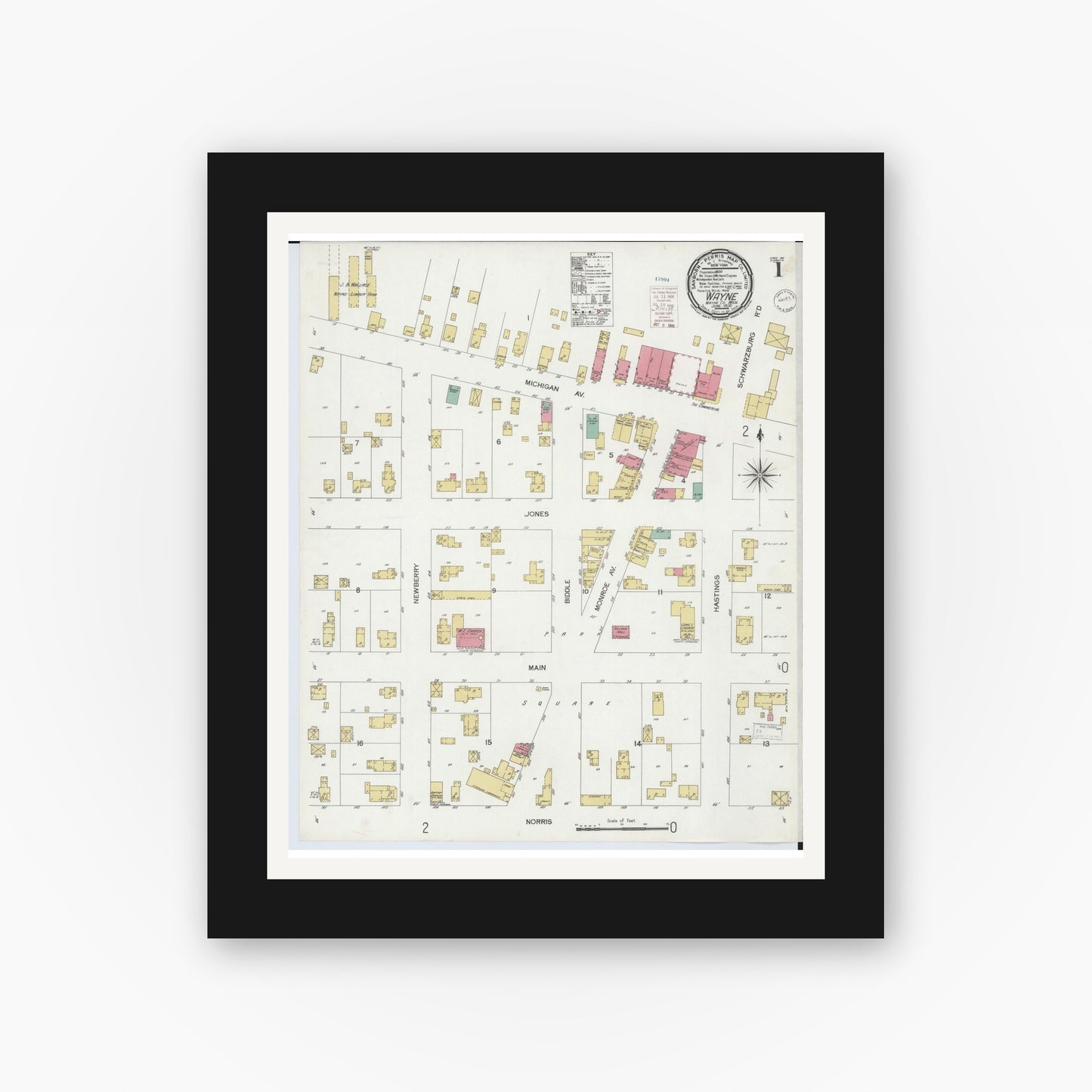 Old map wall art mockup — black gallery frame with white mat — Sanborn Fire Insurance Map from Wayne, Wayne County, Michigan (1900), Sheet #0001