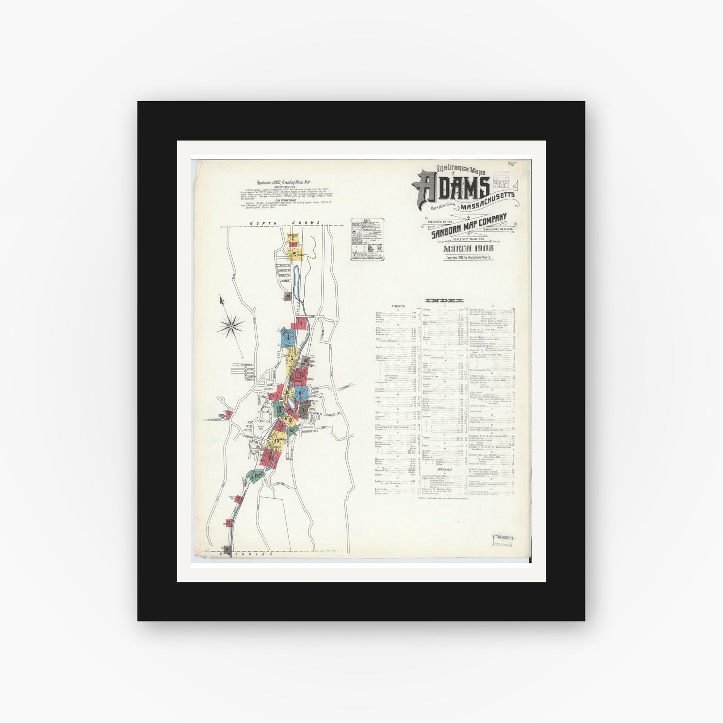 Old map wall art mockup — black gallery frame with white mat — Sanborn Fire Insurance Map from Adams, Berkshire County, Massachusetts (1908) - Complete Map Set