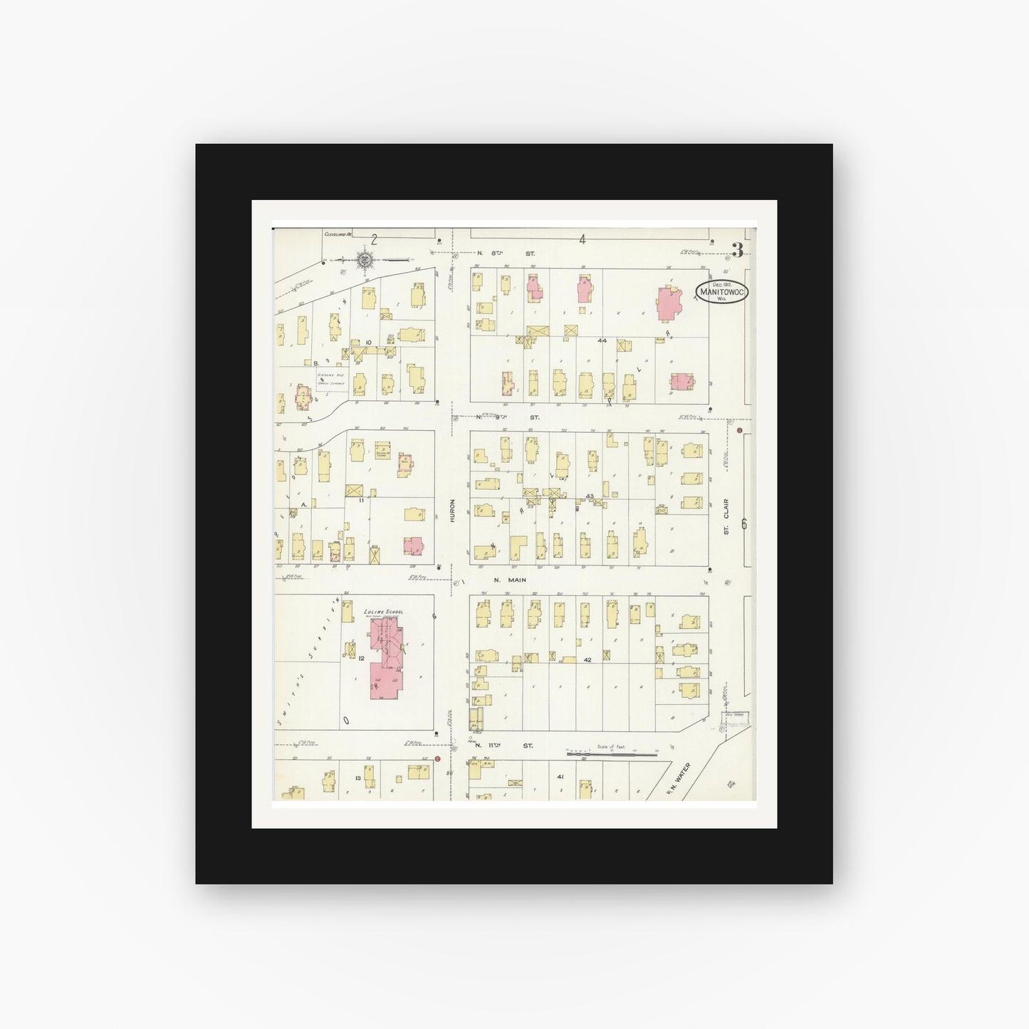 Old map wall art mockup — black gallery frame with white mat — Sanborn Fire Insurance Map from Manitowoc, Manitowoc County, Wisconsin (1912), Sheet #0003
