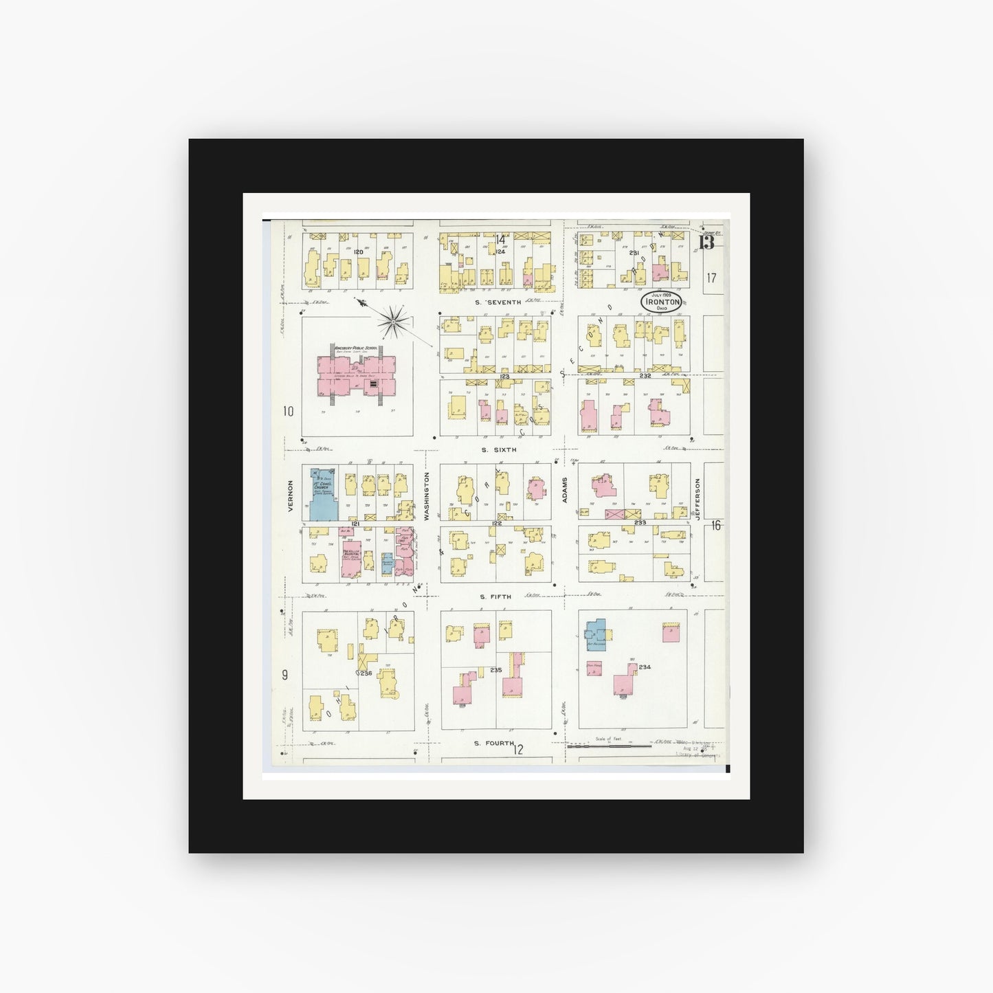 Old map wall art mockup — black gallery frame with white mat — Sanborn Fire Insurance Map from Ironton, Lawrence County, Ohio (1909), Sheet #0013