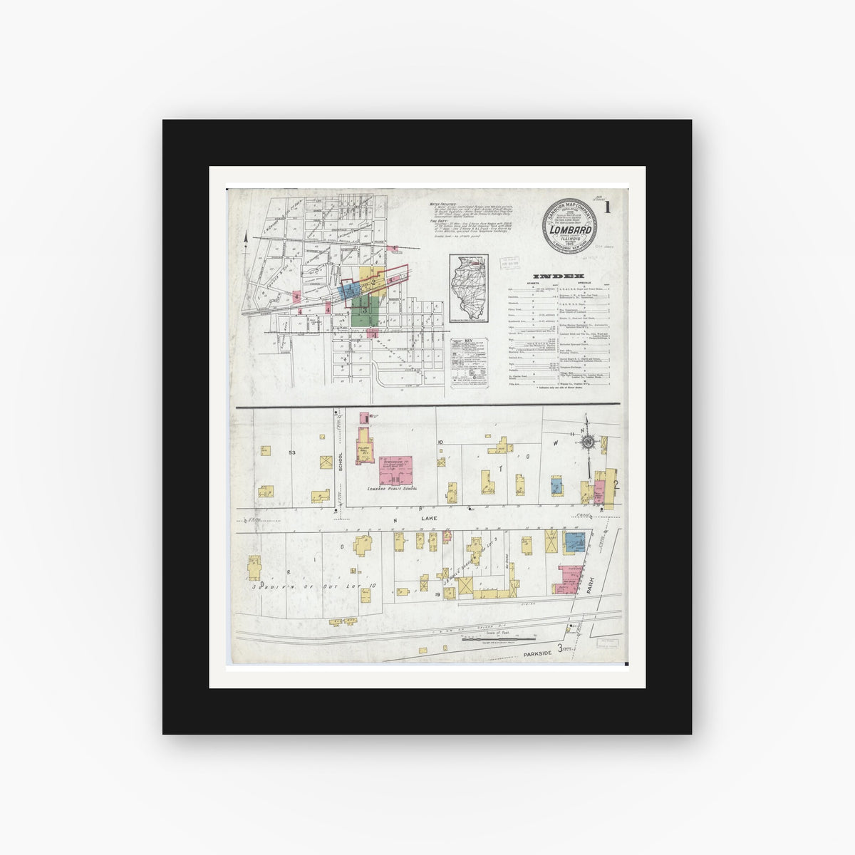 Old map wall art mockup — black gallery frame with white mat — Sanborn Fire Insurance Map from Lombard, Du Page County, Illinois (1919) - Complete Map Set