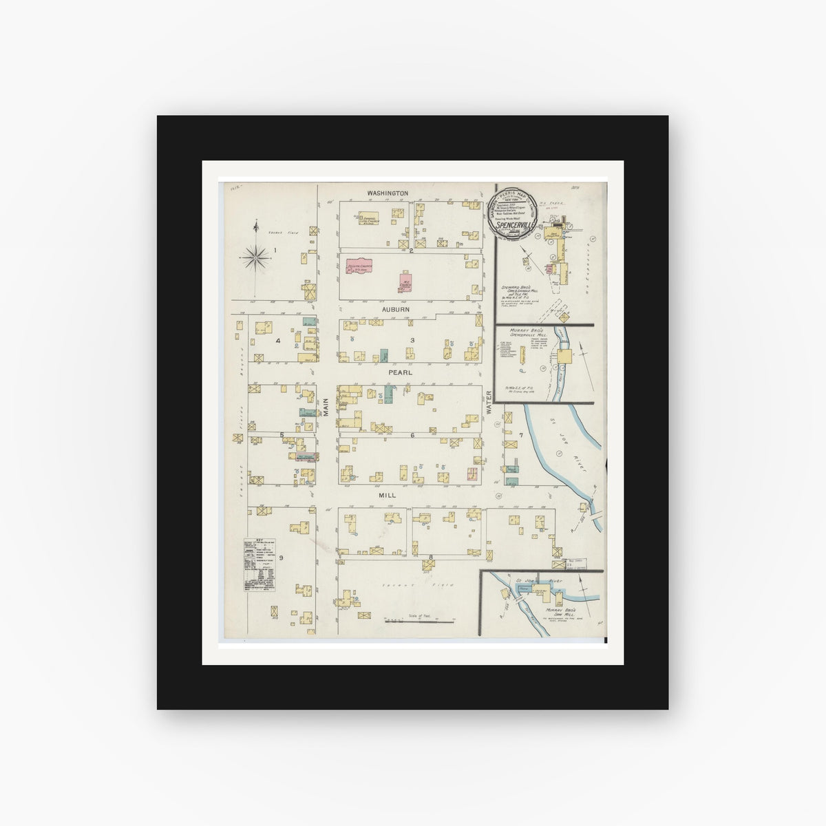 Old map wall art mockup — black gallery frame with white mat — Sanborn Fire Insurance Map from Spencerville, De Kalb County, Indiana (1892), Sheet #0001