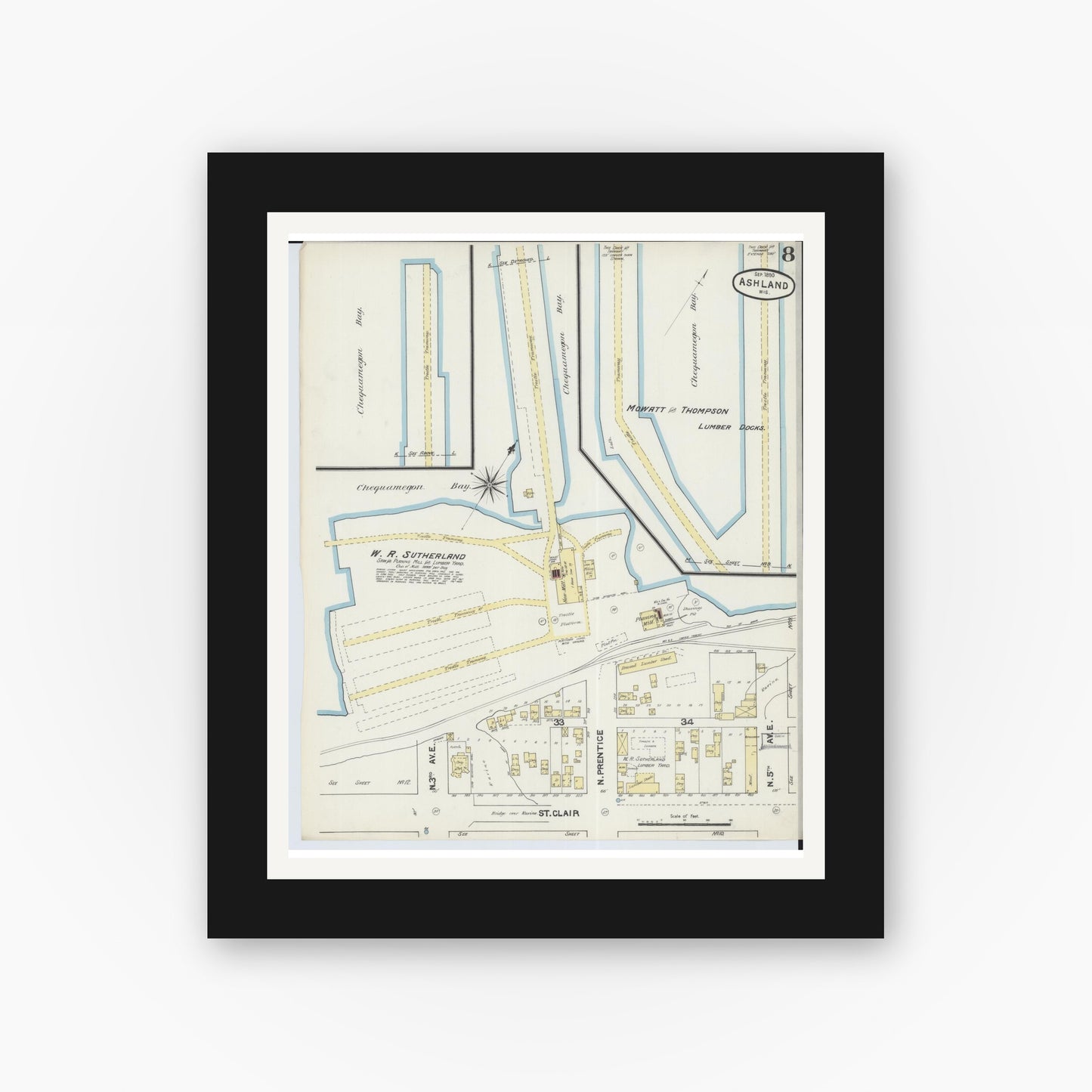 Old map wall art mockup — black gallery frame with white mat — Sanborn Fire Insurance Map from Ashland, Ashland County, Wisconsin (1890), Sheet #0008