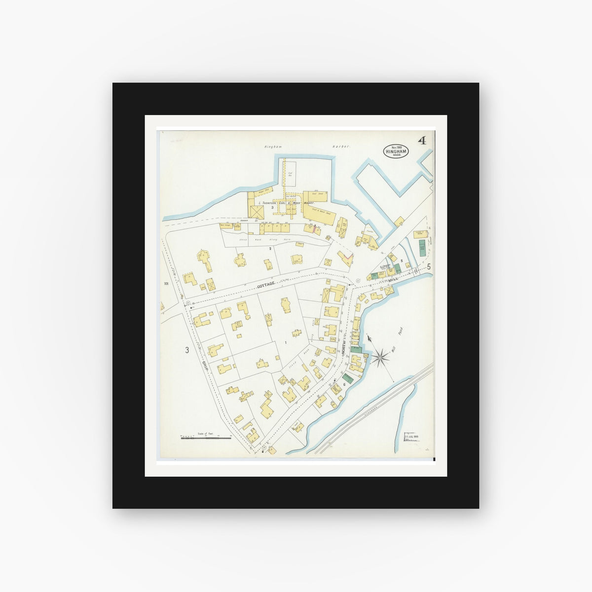 Old map wall art mockup — black gallery frame with white mat — Sanborn Fire Insurance Map from Hingham, Plymouth County, Massachusetts (1903), Sheet #0004