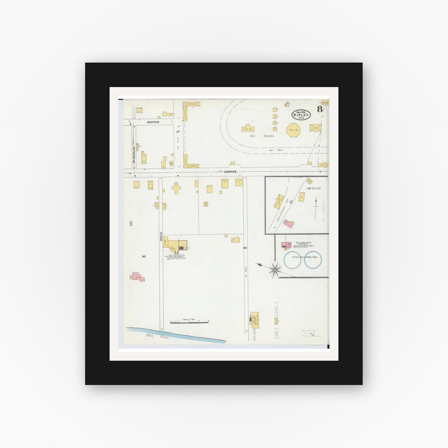 Old map wall art mockup — black gallery frame with white mat — Sanborn Fire Insurance Map from Ripley, Brown County, Ohio (1904), Sheet #0008