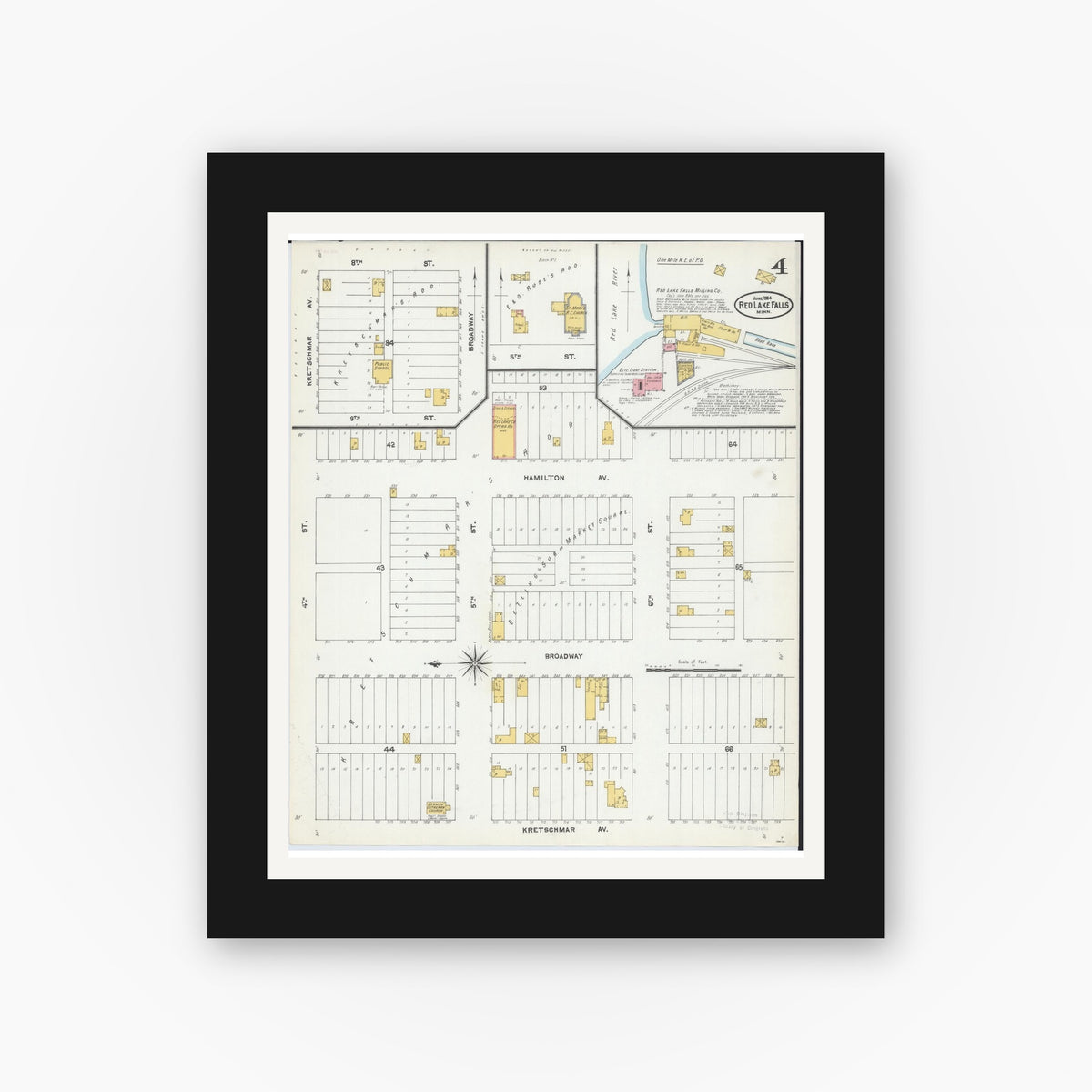 Old map wall art mockup — black gallery frame with white mat — Sanborn Fire Insurance Map from Red Lake Falls, Red Lake County, Minnesota (1904), Sheet #0004