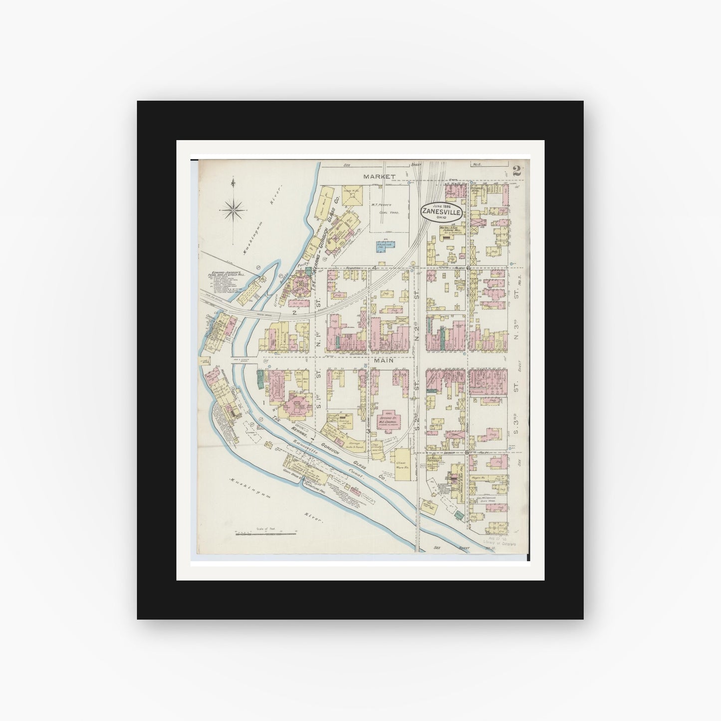 Old map wall art mockup — black gallery frame with white mat — Sanborn Fire Insurance Map from Zanesville, Muskingum County, Ohio (1886), Sheet #0002