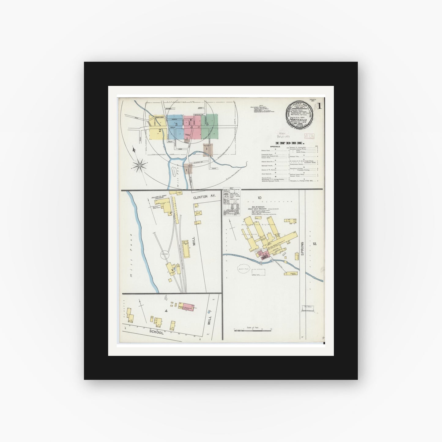 Old map wall art mockup — black gallery frame with white mat — Sanborn Fire Insurance Map from Monticello, Sullivan County, New York (1892), Sheet #0001