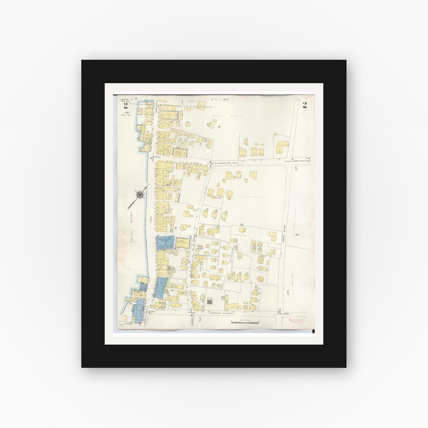Old map wall art mockup — black gallery frame with white mat — Sanborn Fire Insurance Map from Lahaina, Maui County, Hawaii (1950), Sheet #0002