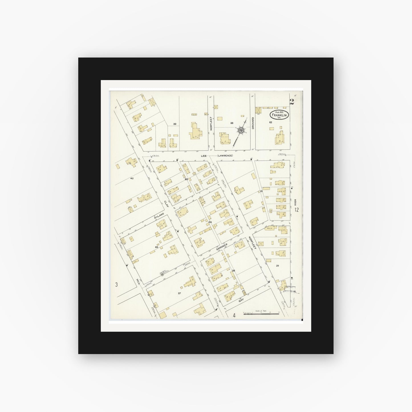 Old map wall art mockup — black gallery frame with white mat — Sanborn Fire Insurance Map from Franklin, Independent Cities, Virginia (1912), Sheet #0002