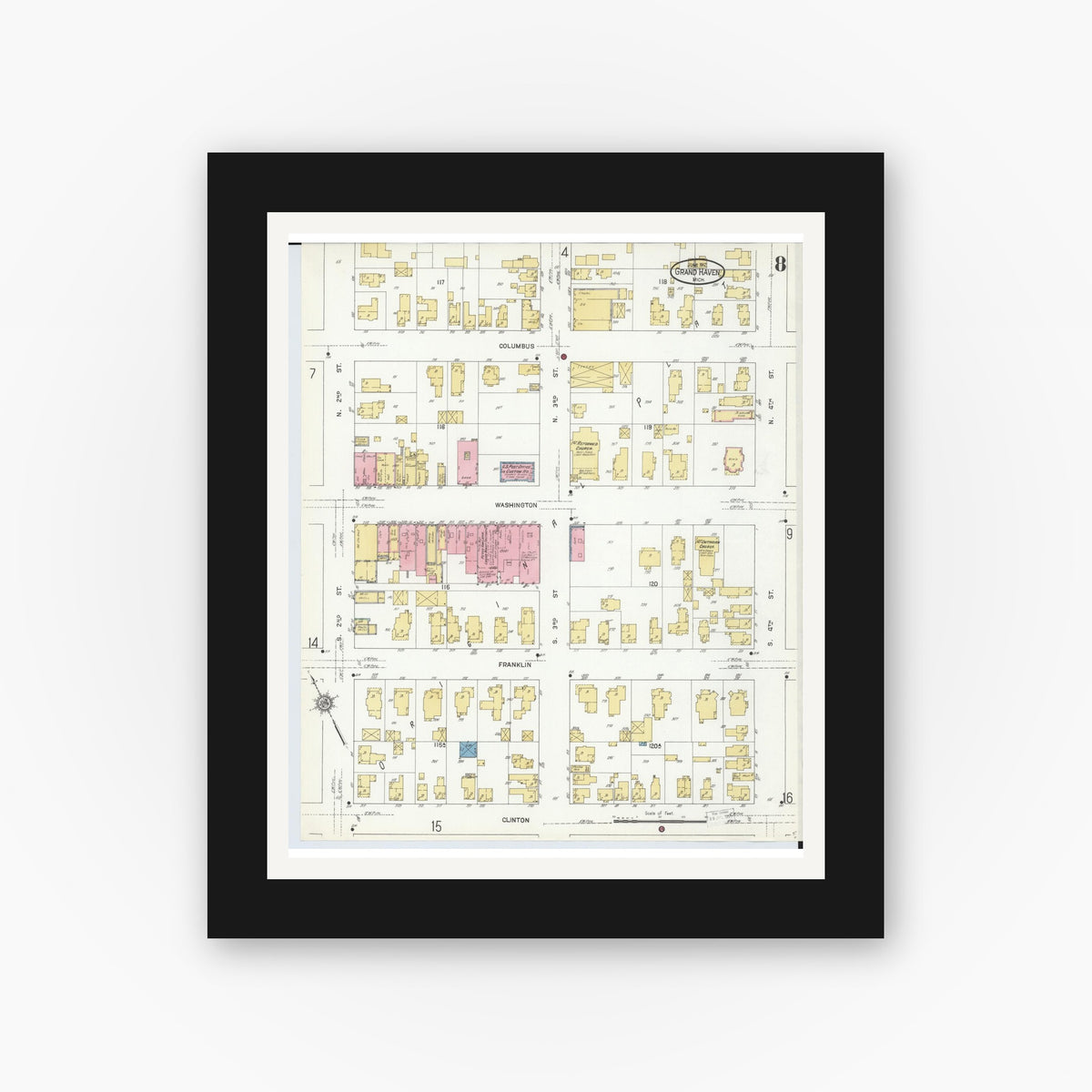 Old map wall art mockup — black gallery frame with white mat — Sanborn Fire Insurance Map from Grand Haven, Ottawa County, Michigan (1912), Sheet #0008