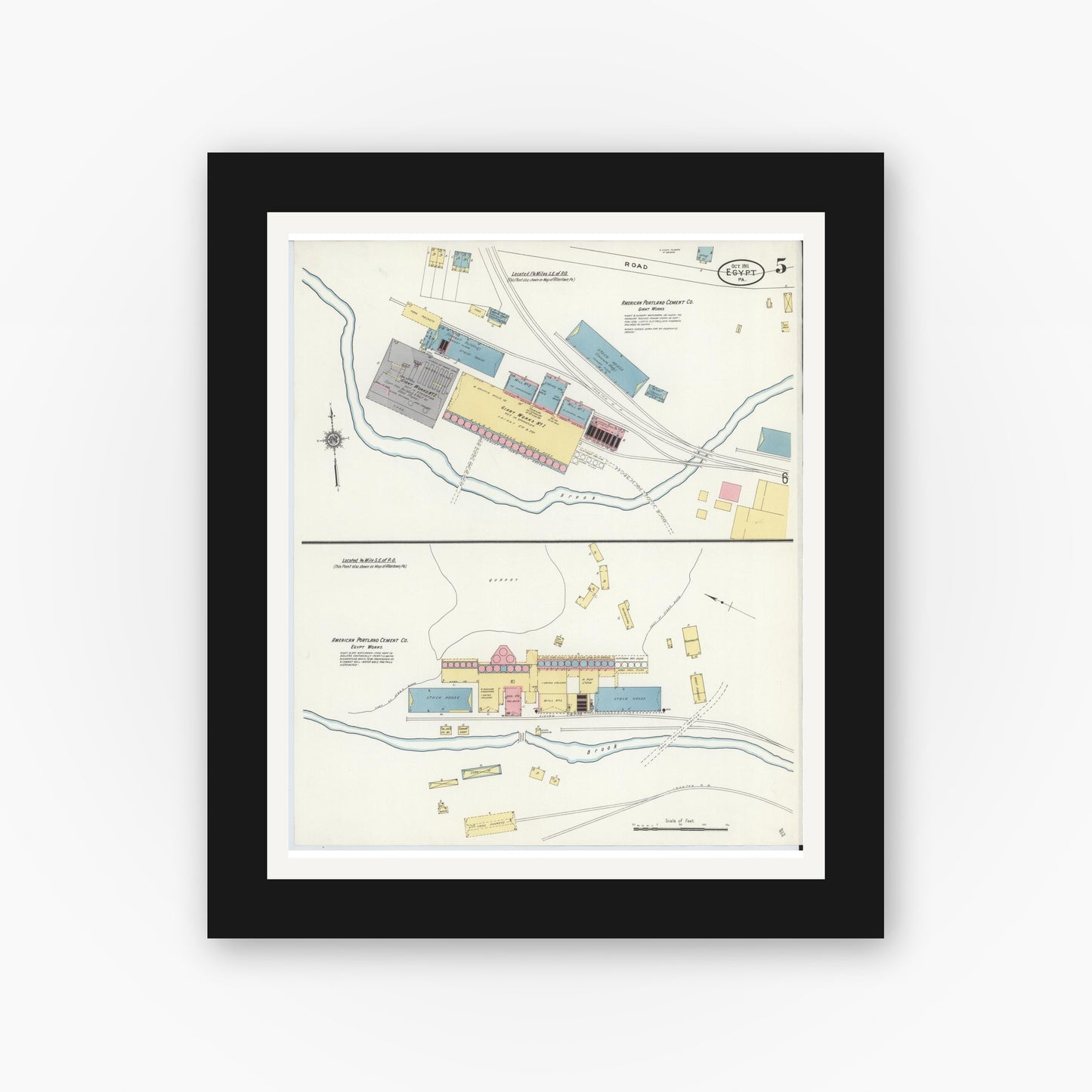 Old map wall art mockup — black gallery frame with white mat — Sanborn Fire Insurance Map from Egypt, Lehigh County, Pennsylvania (1911), Sheet #0005