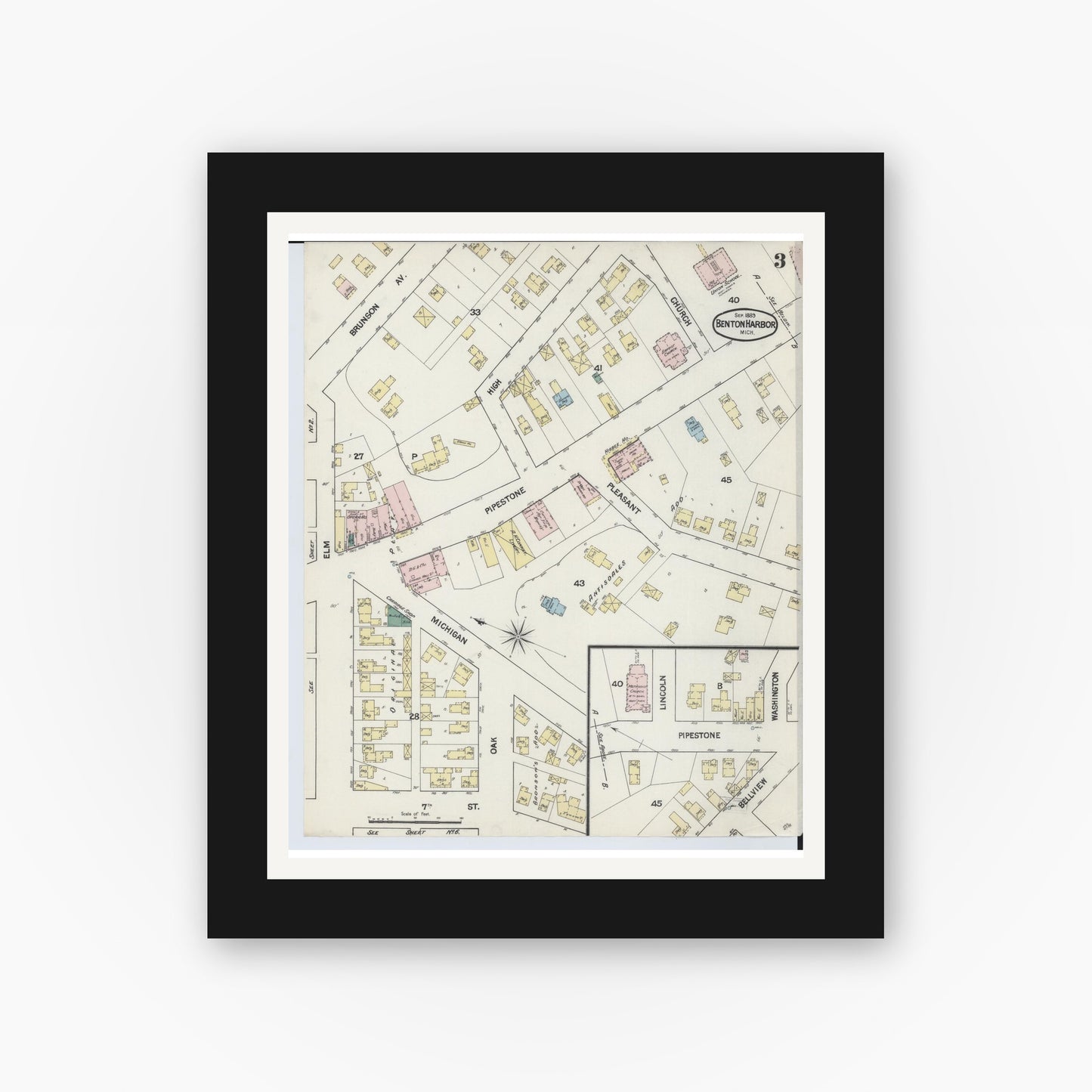 Old map wall art mockup — black gallery frame with white mat — Sanborn Fire Insurance Map from Benton Harbor, Berrien County, Michigan (1889), Sheet #0003