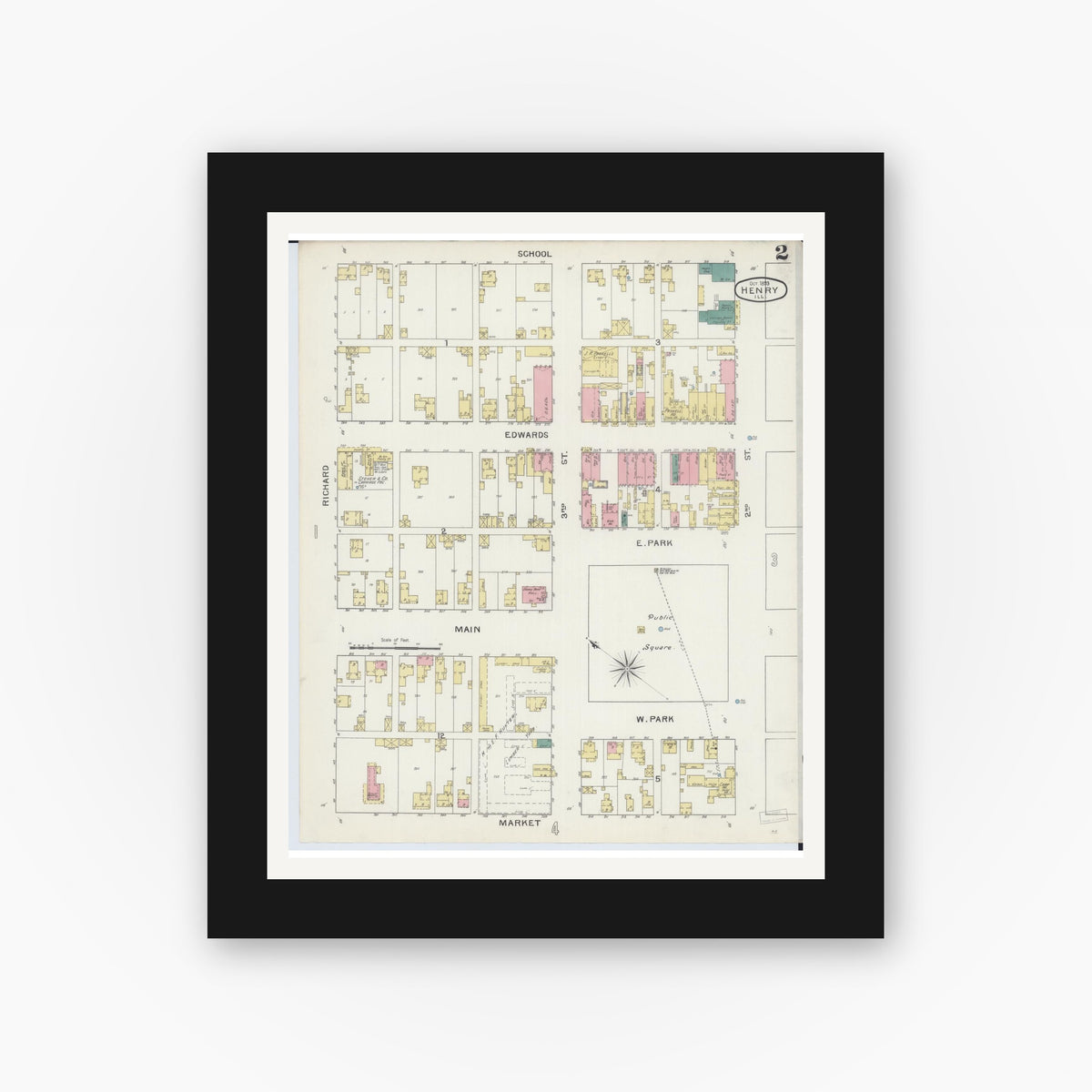 Old map wall art mockup — black gallery frame with white mat — Sanborn Fire Insurance Map from Henry, Marshall County, Illinois (1893), Sheet #0002