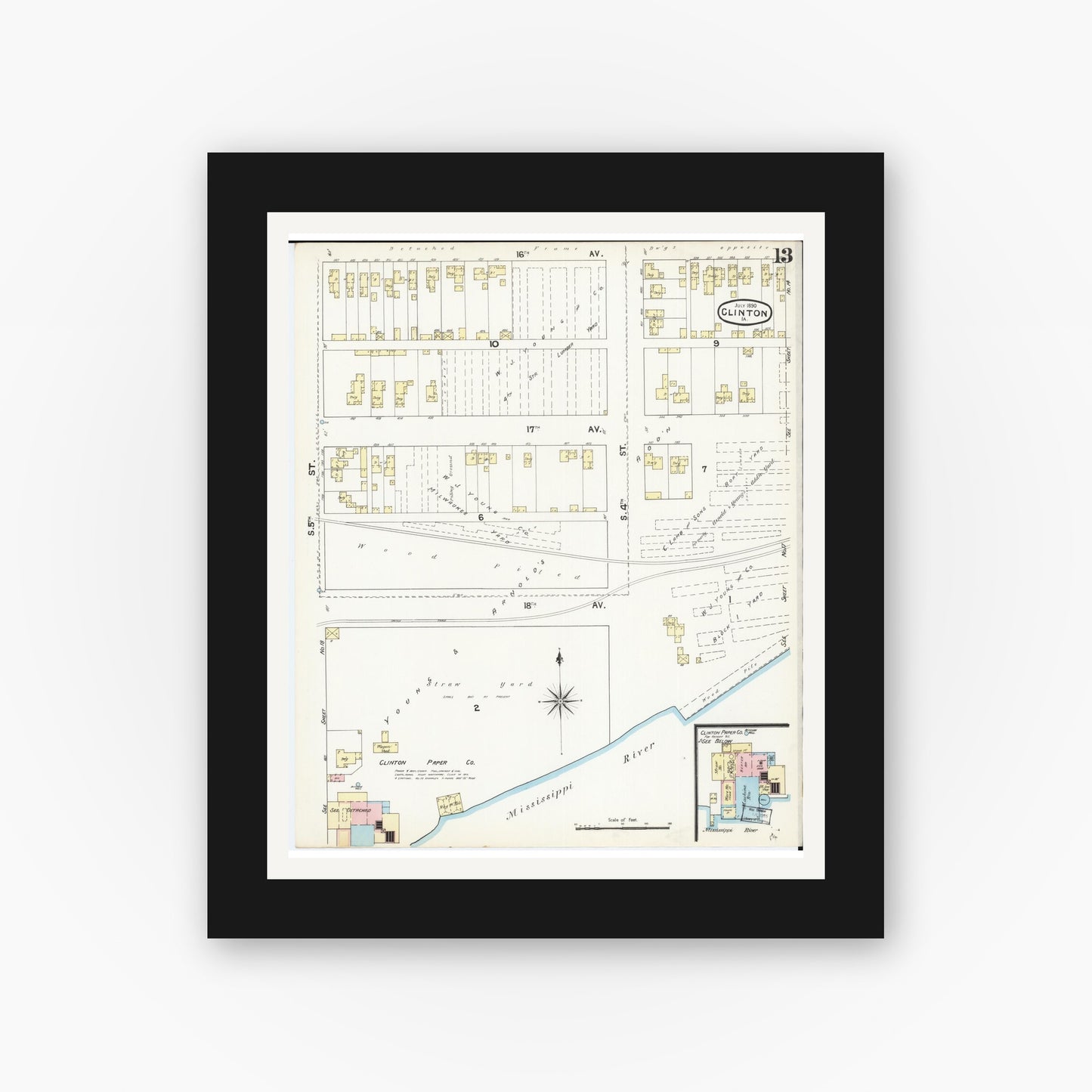 Old map wall art mockup — black gallery frame with white mat — Sanborn Fire Insurance Map from Clinton, Clinton County, Iowa (1890), Sheet #0013