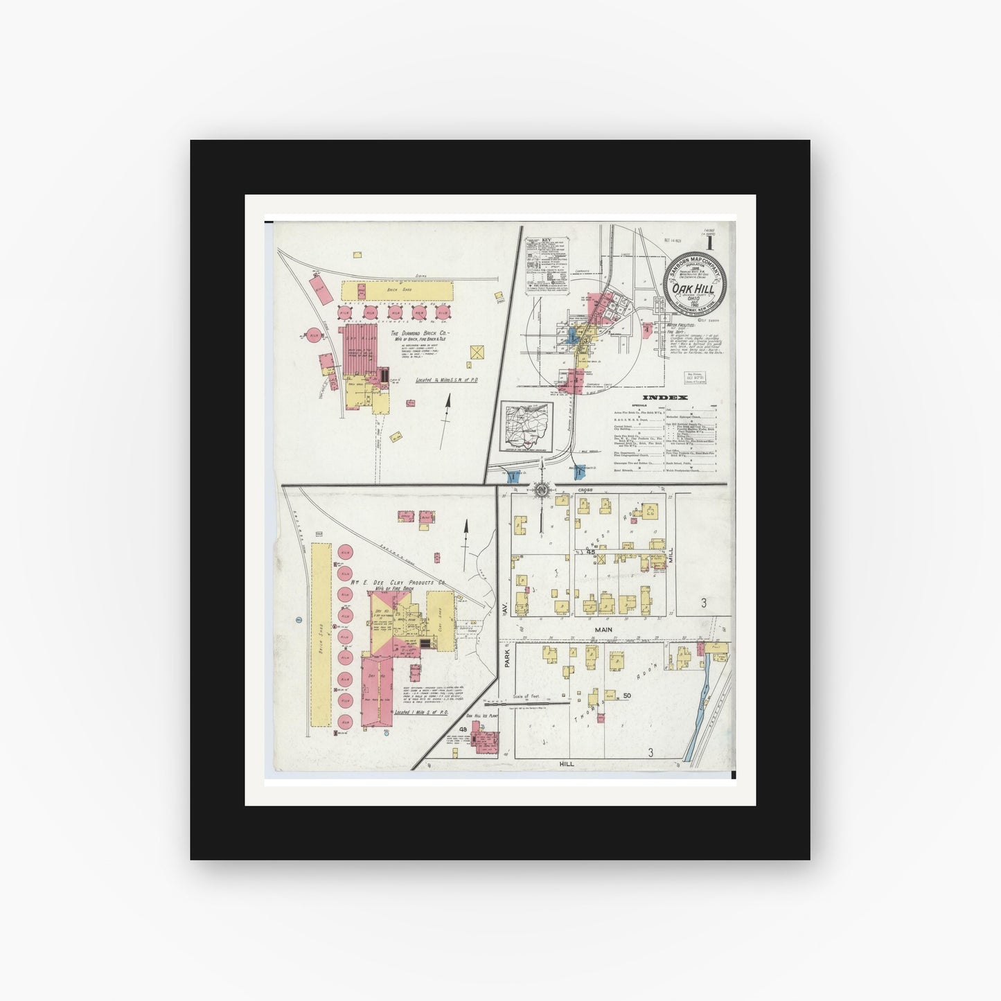 Old map wall art mockup — black gallery frame with white mat — Sanborn Fire Insurance Map from Oak Hill, Jackson County, Ohio (1921) - Complete Map Set