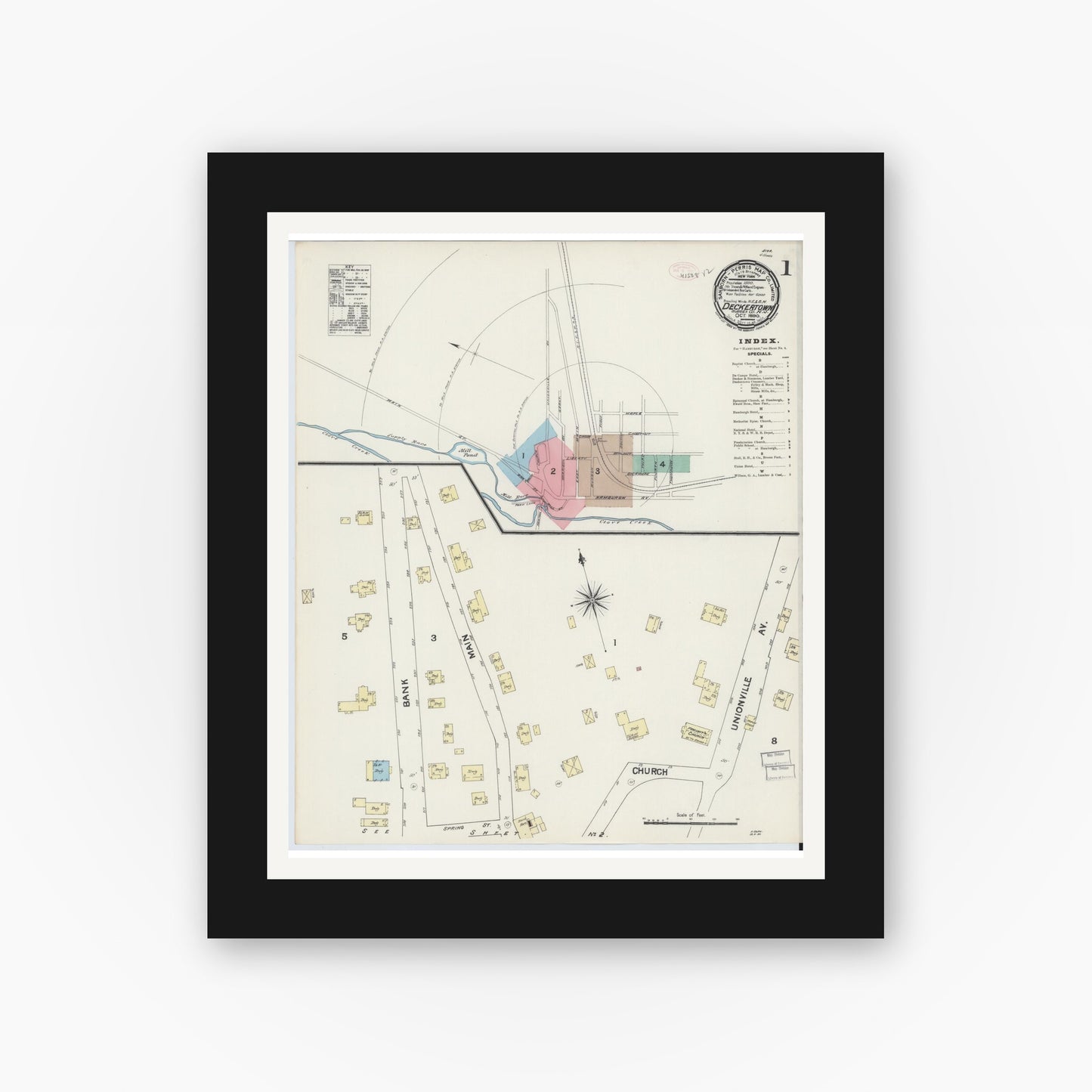 Old map wall art mockup — black gallery frame with white mat — Sanborn Fire Insurance Map from Deckertown, Sussex County, New Jersey (1890), Sheet #0001