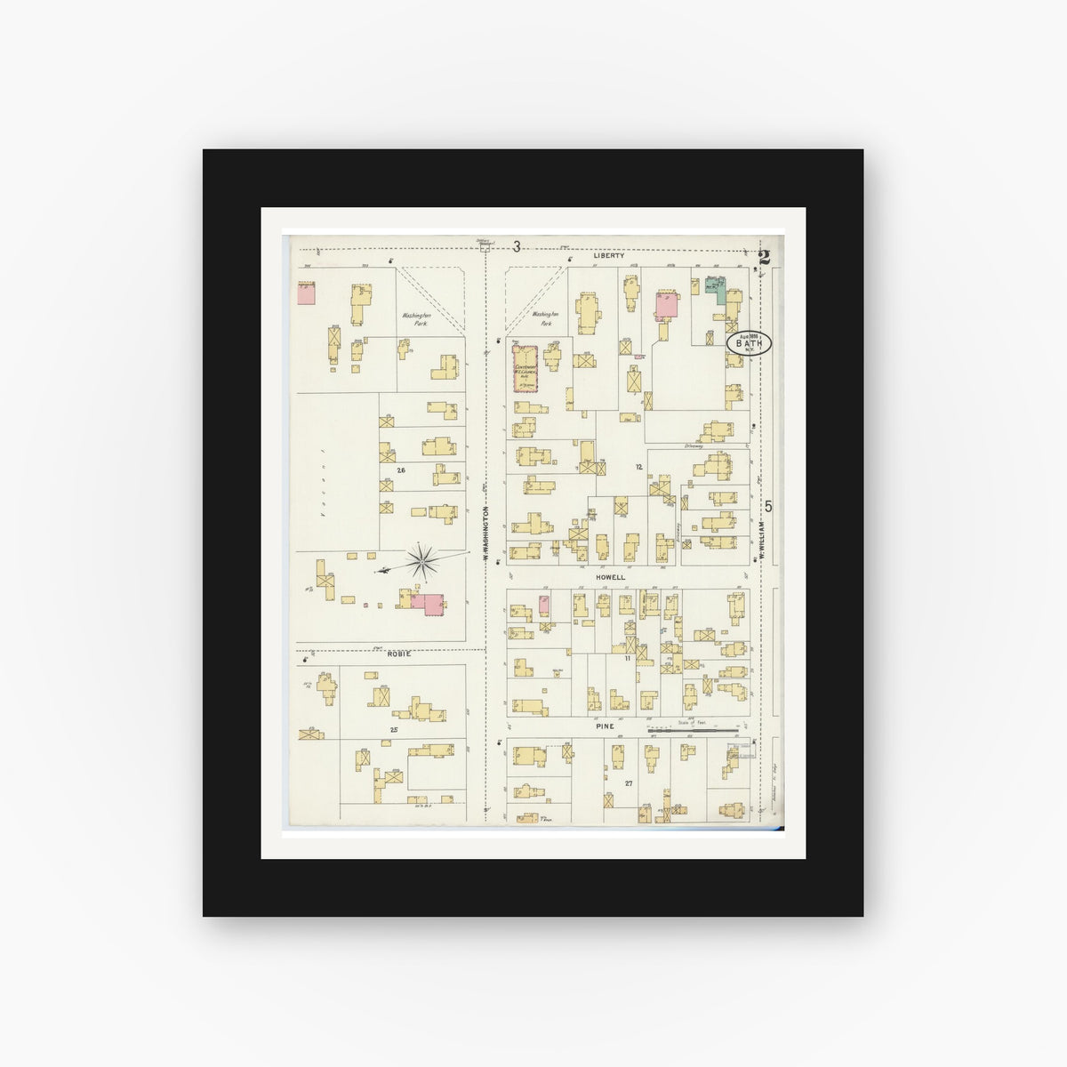Old map wall art mockup — black gallery frame with white mat — Sanborn Fire Insurance Map from Bath, Steuben County, New York (1898), Sheet #0002