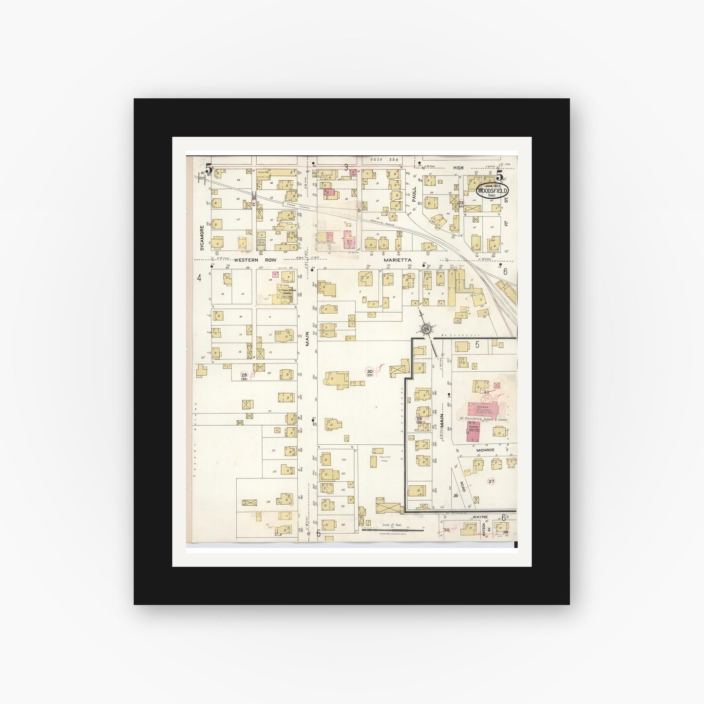 Old map wall art mockup — black gallery frame with white mat — Sanborn Fire Insurance Map from Woodsfield, Monroe County, Ohio (1949), Sheet #0005
