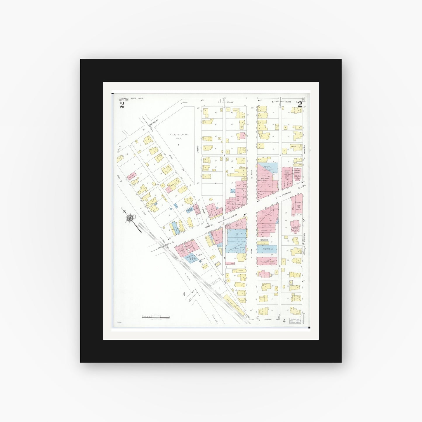 Old map wall art mockup — black gallery frame with white mat — Sanborn Fire Insurance Map from Columbus Grove, Putnam County, Ohio (1951), Sheet #0002