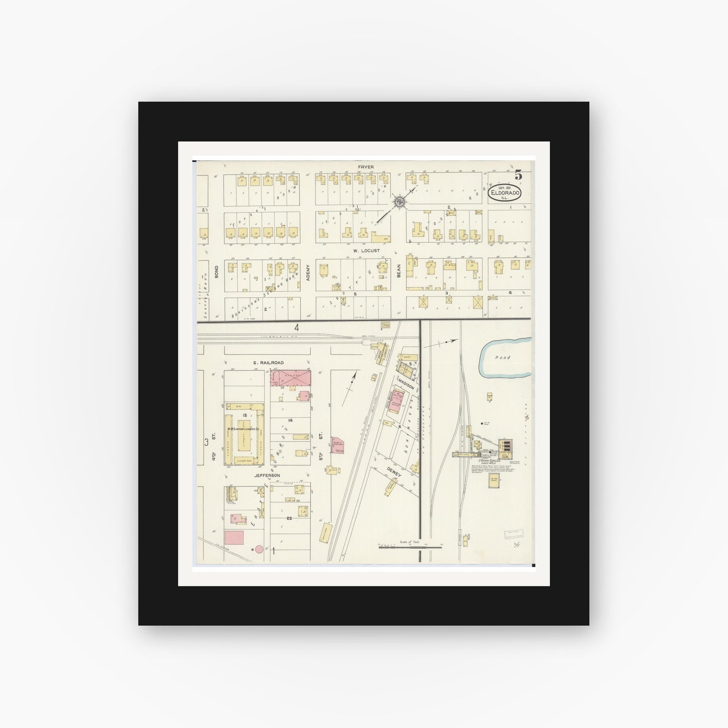 Old map wall art mockup — black gallery frame with white mat — Sanborn Fire Insurance Map from Eldorado, Saline County, Illinois (1911), Sheet #0005