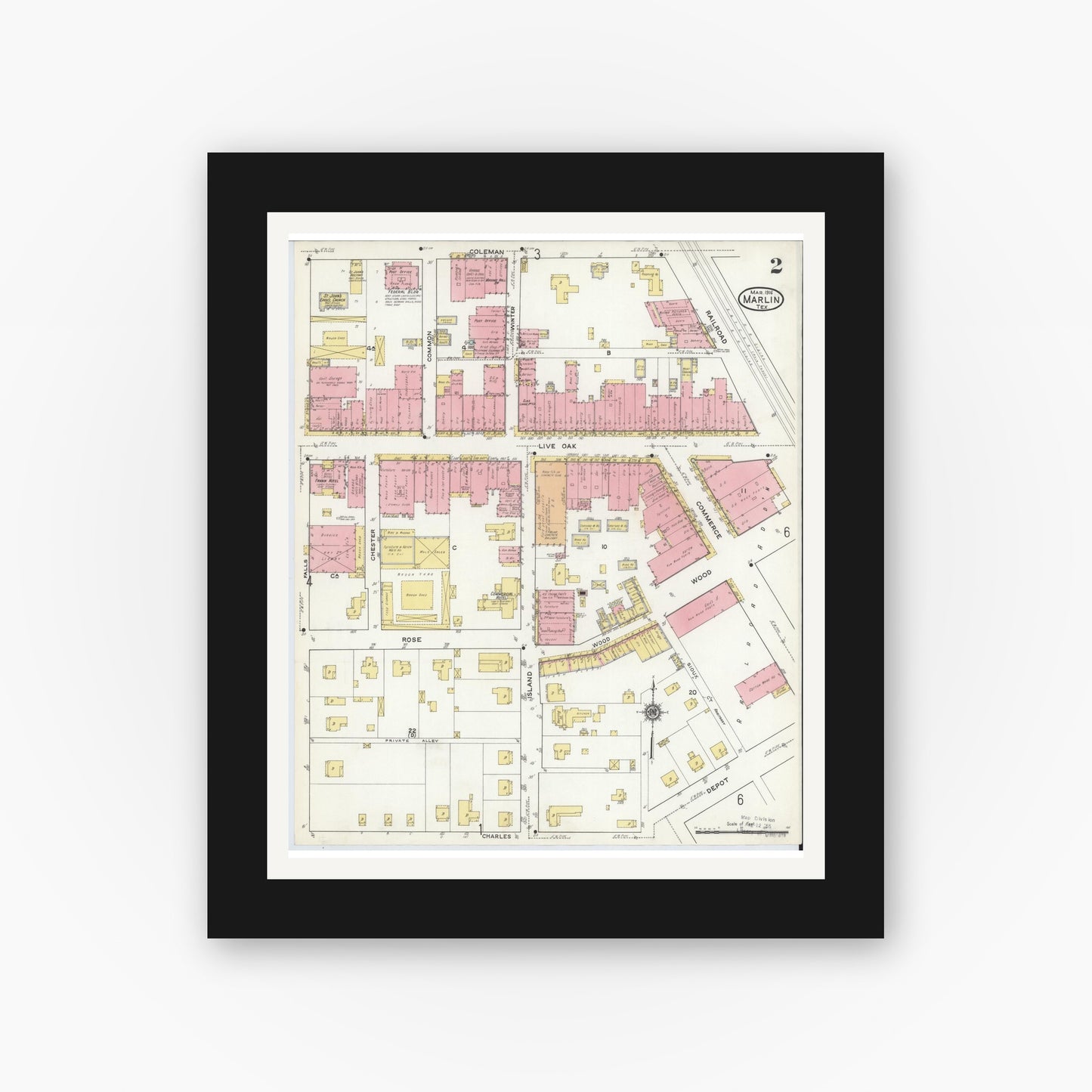 Old map wall art mockup — black gallery frame with white mat — Sanborn Fire Insurance Map from Marlin, Falls County, Texas (1916), Sheet #0002