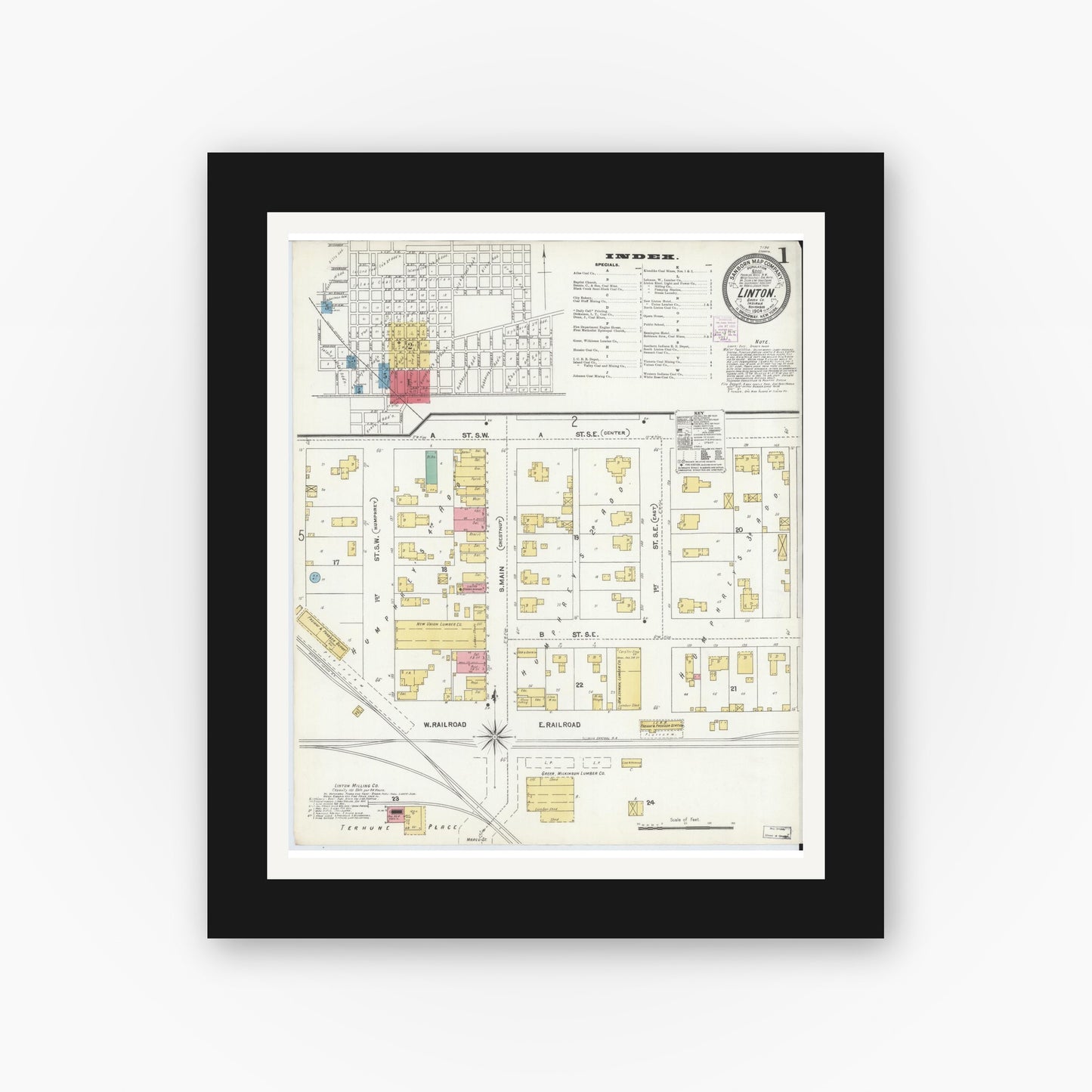 Old map wall art mockup — black gallery frame with white mat — Sanborn Fire Insurance Map from Linton, Greene County, Indiana (1904) - Complete Map Set