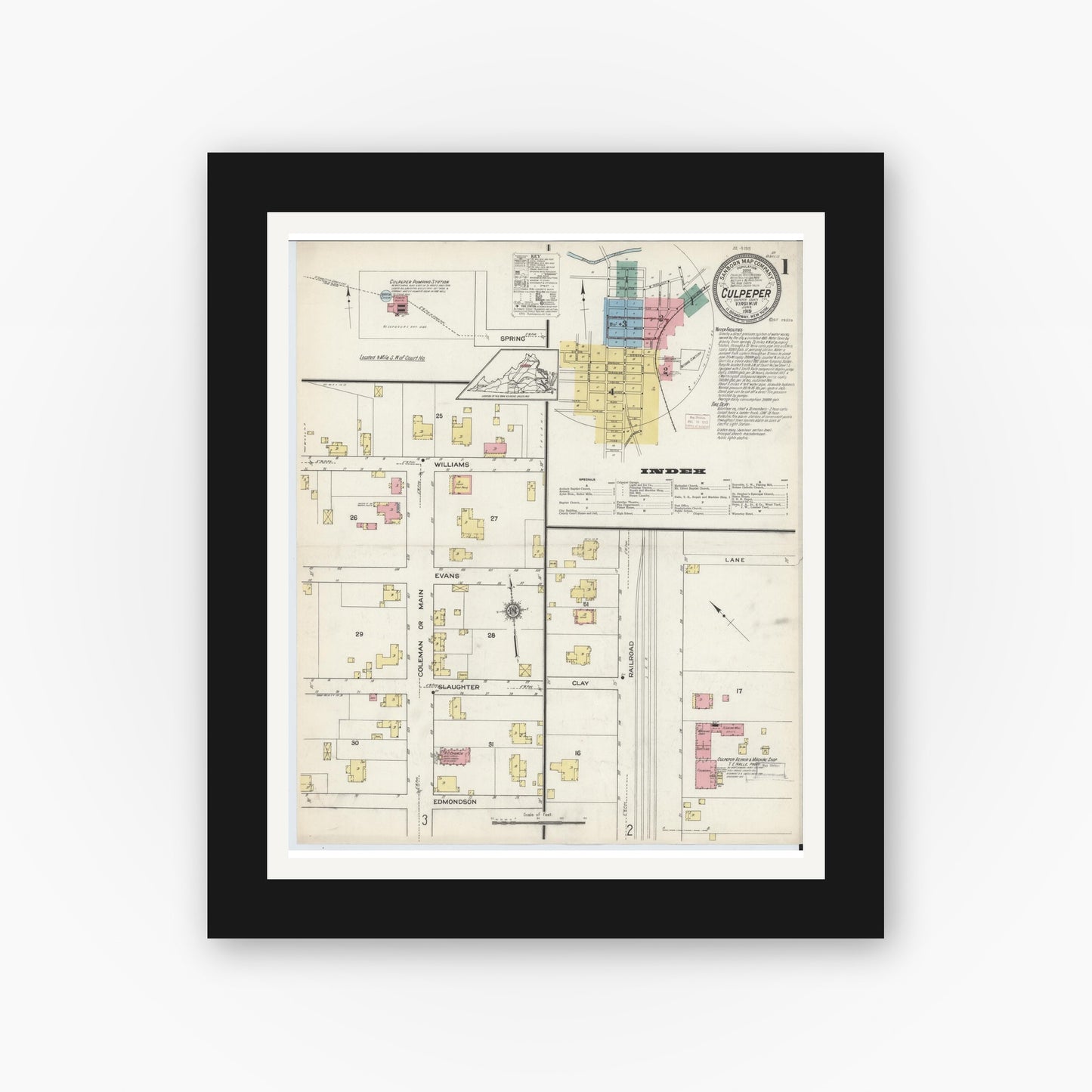 Old map wall art mockup — black gallery frame with white mat — Sanborn Fire Insurance Map from Culpeper, Culpeper County, Virginia (1915) - Complete Map Set