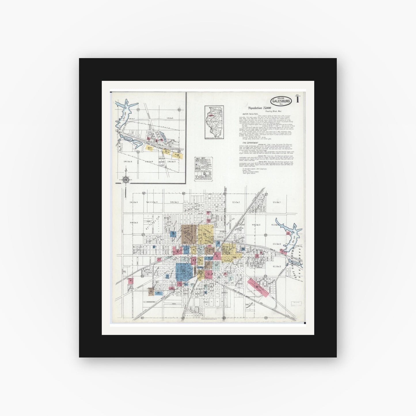 Old map wall art mockup — black gallery frame with white mat — Sanborn Fire Insurance Map from Galesburg, Knox County, Illinois (1918), Sheet #0001